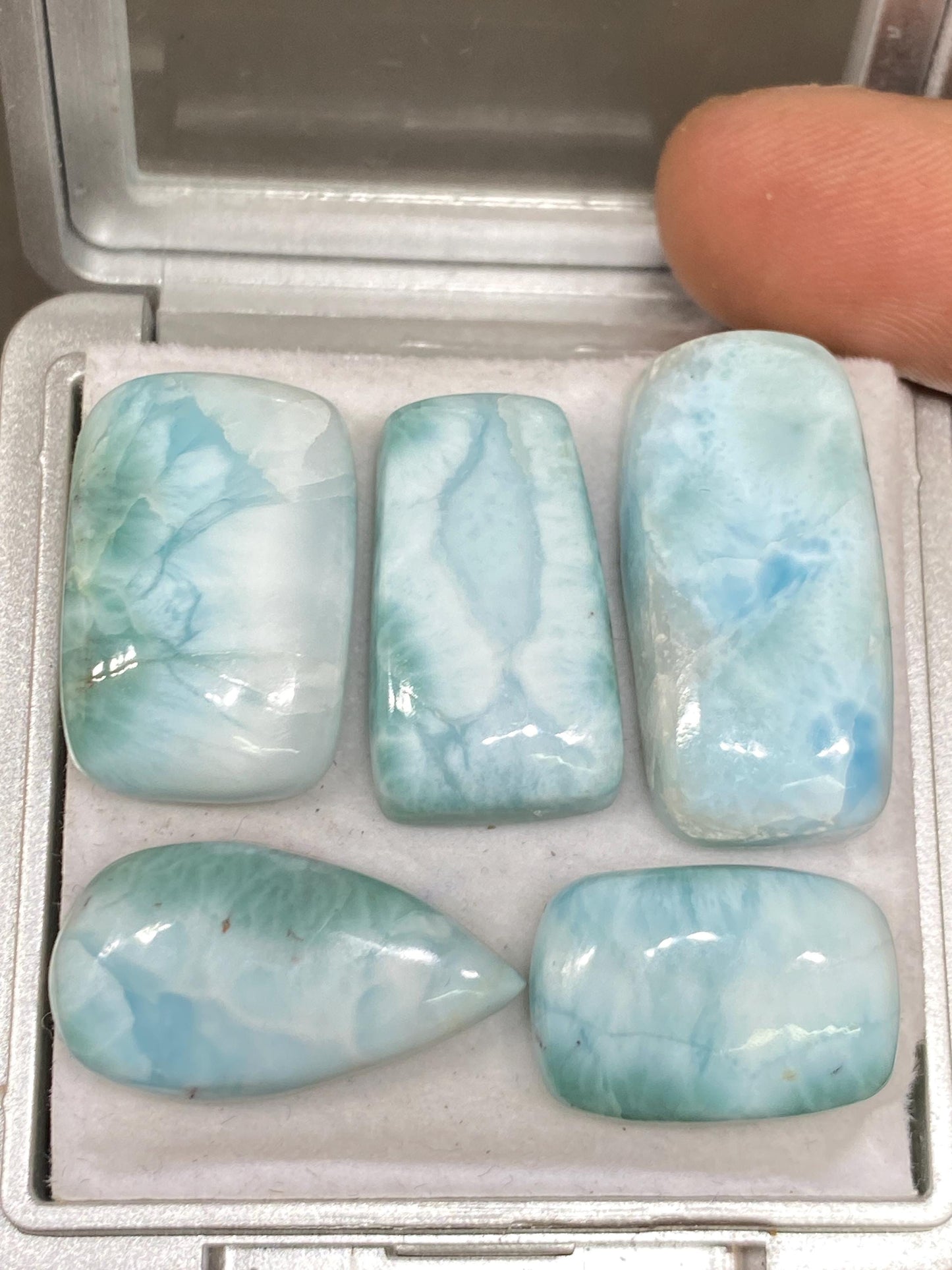 Mesmerising rare Smooth Larimar cabochons pcs 5 pendant supply  wt 95.40 carats size 19x14mm-22x13mm natural Larimar cabochons fancy shape