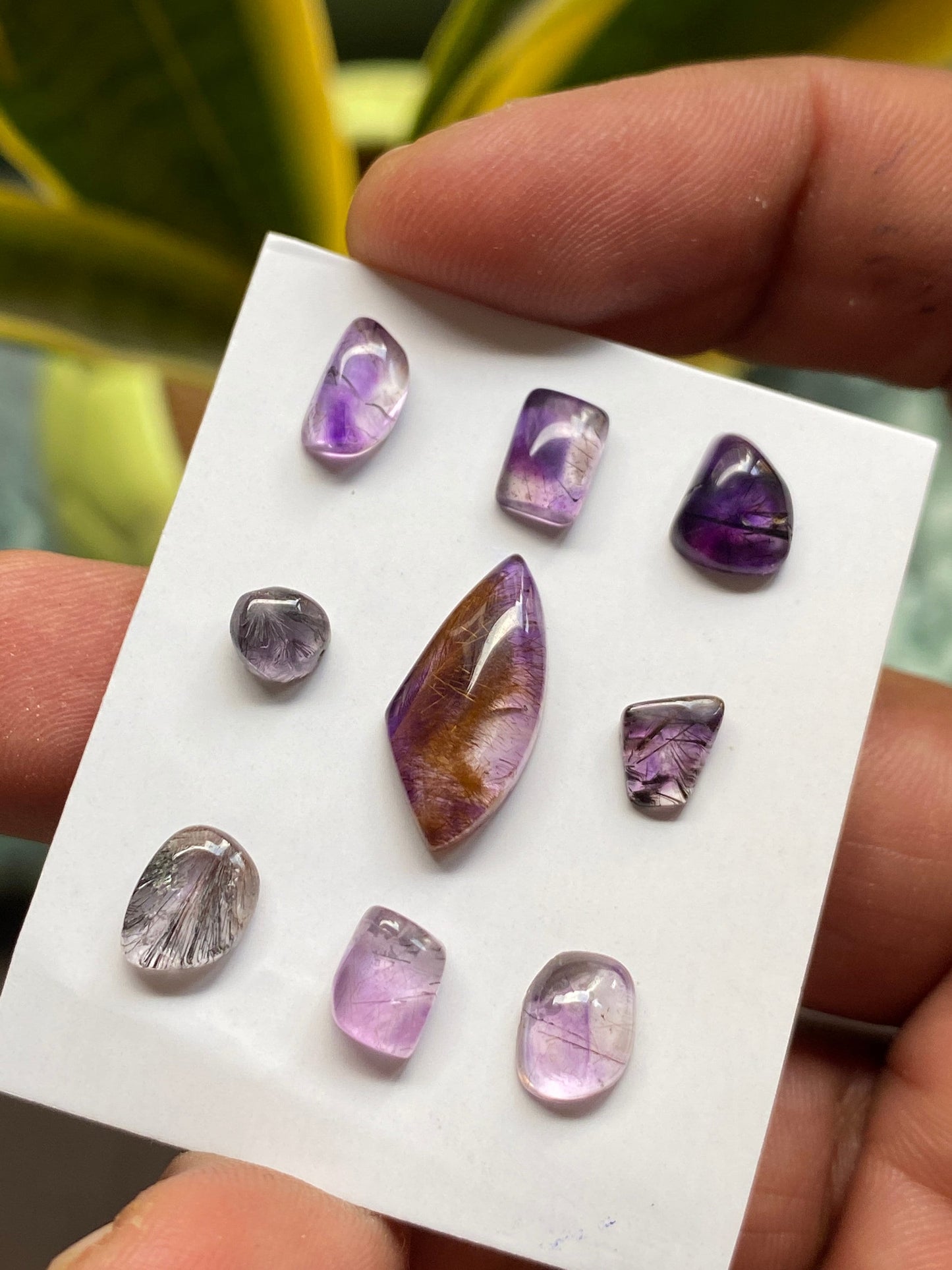 Fascinating rare Super seven cabochons mix amethyst rutile quartz lepidocrocite cacoxenite pcs 9 wt 13 cts 5mm-18x8.6mm pendant ring supply