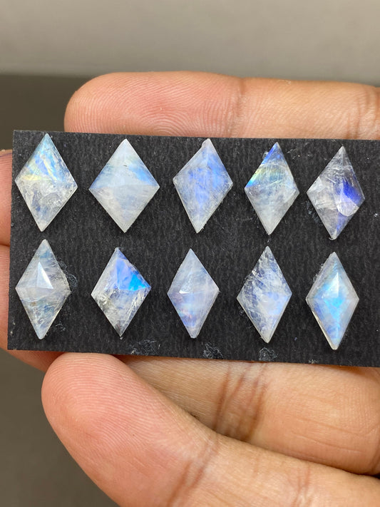 Stunning rare Blue fire white rainbow moonstone faceted rosecut diamond pcs 10 wt 27 cts size 13x7-15x9mm fire rainbow moonstone