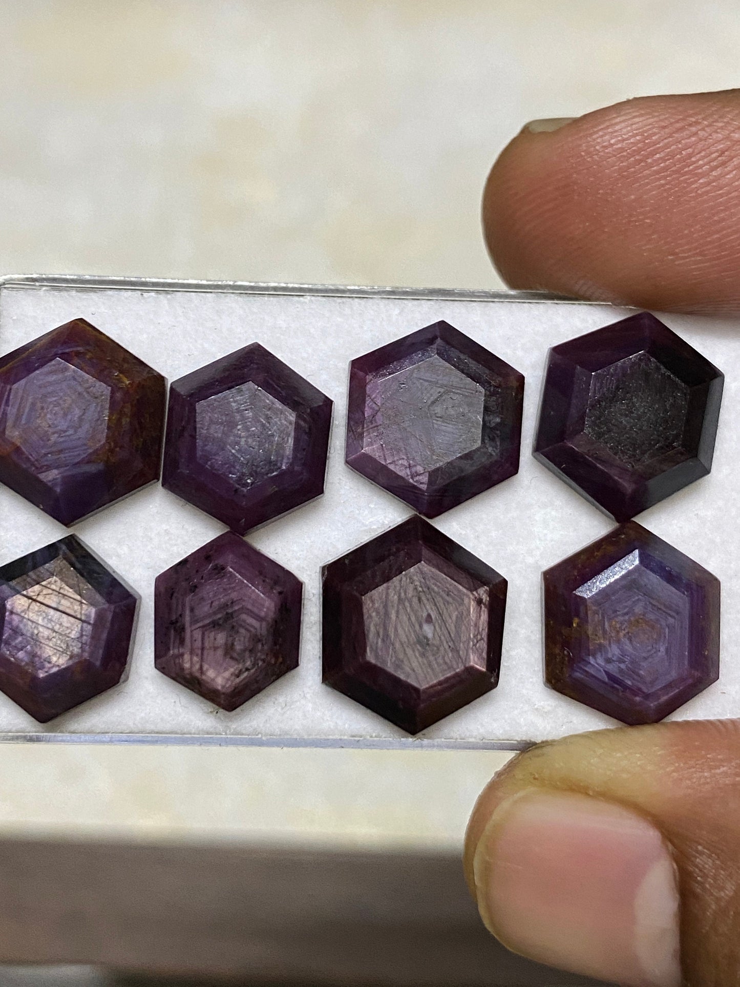 Stunning rare sheen sapphire geometric hexagon  fancy mirror cut weight 51 cts pcs 8 size 11.4x9.5mm-14x12mm natural star sapphire step cuts