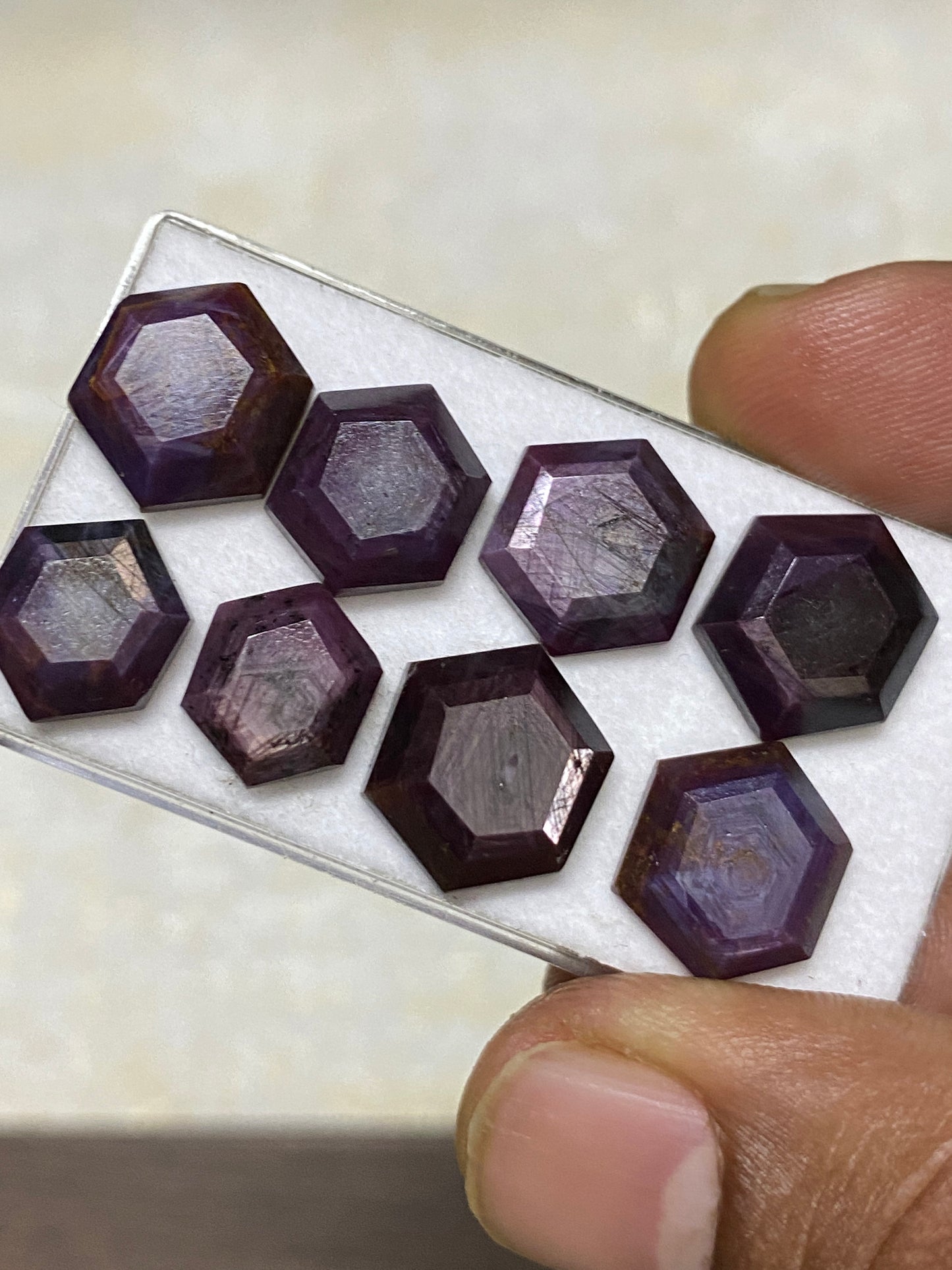 Stunning rare sheen sapphire geometric hexagon  fancy mirror cut weight 51 cts pcs 8 size 11.4x9.5mm-14x12mm natural star sapphire step cuts