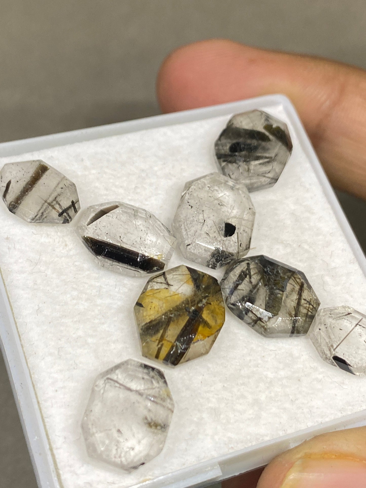 Fascinating Tourmalinated  quartz geometric oval stepcut  gems size  Pcs 8 wt 33 cts quartz hexagon gems 10x8mm-13x11mm