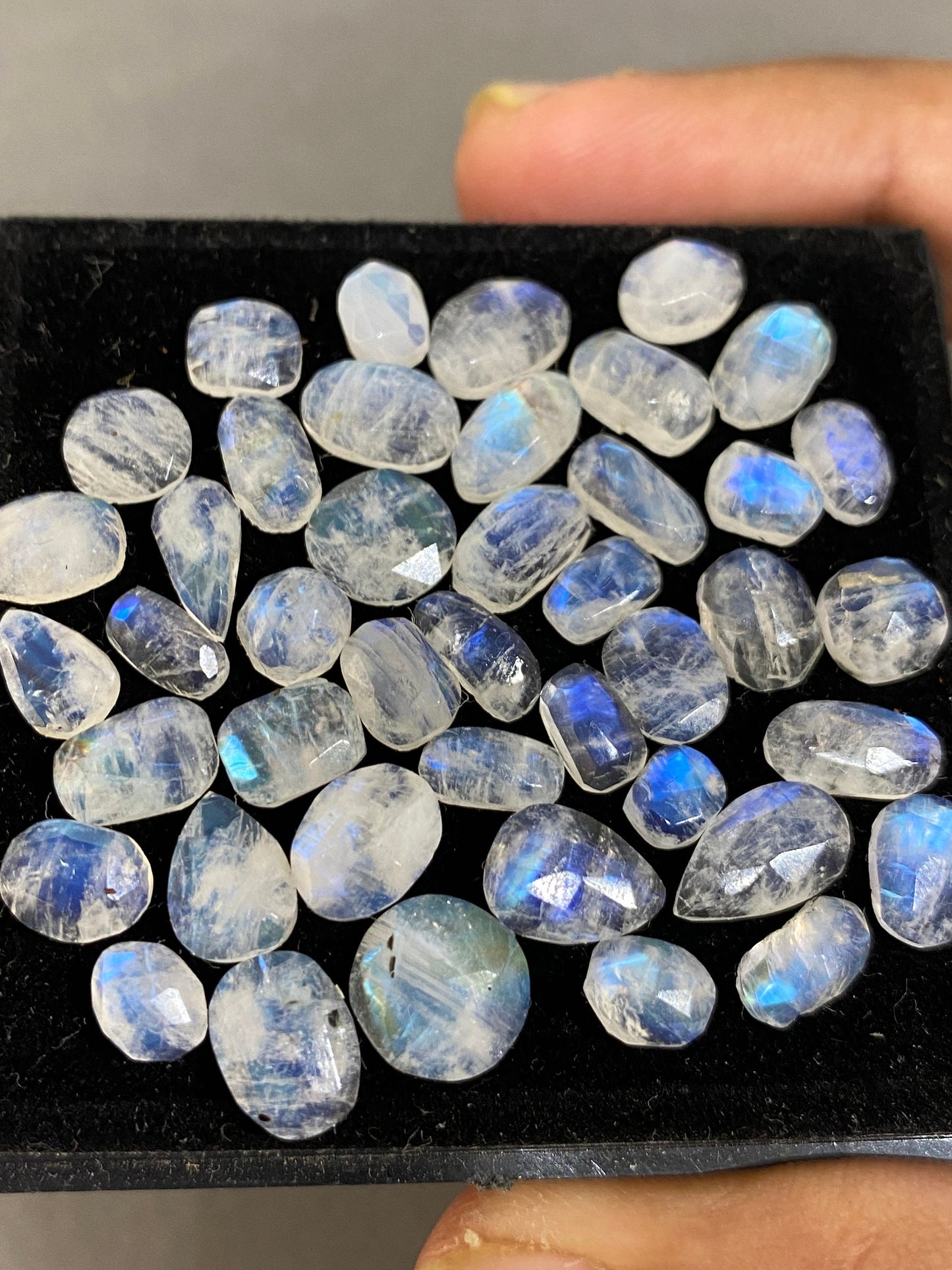 Stunning Blue fire rainbow moonstone unusual faceted rosecut pcs 40 wt 48 cts size 5.7x4.7-9x7mm beautiful fire rainbow moonstone facted