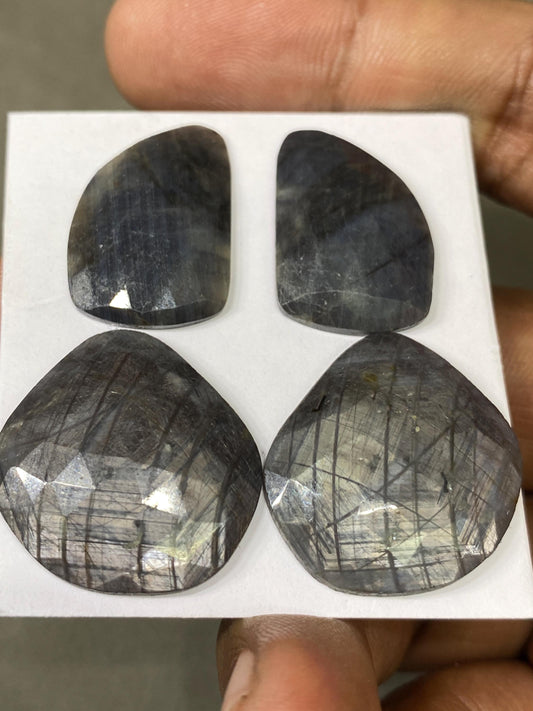 Stunning  rare fancy shape huge sheen silver brown sapphire matched pair pcs 4 wt 85 cts size 23x16-25x14mm   sheen sapphire rosecut pair