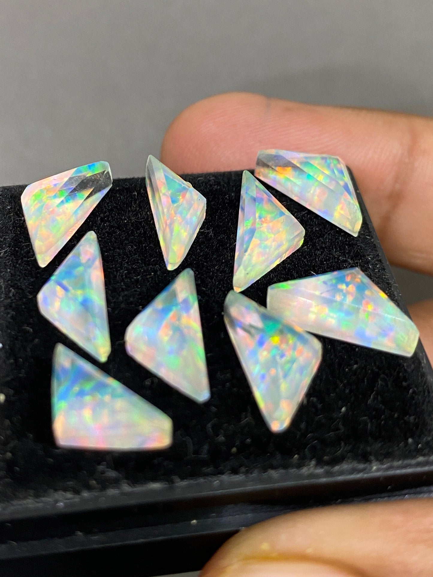 Gorgeous Multi fire Aurora opal and crystal doublet scalene triangles geometric cut pcs 9 wt 20 cts size 12x6mm-13x6mm rosecut monarch opal