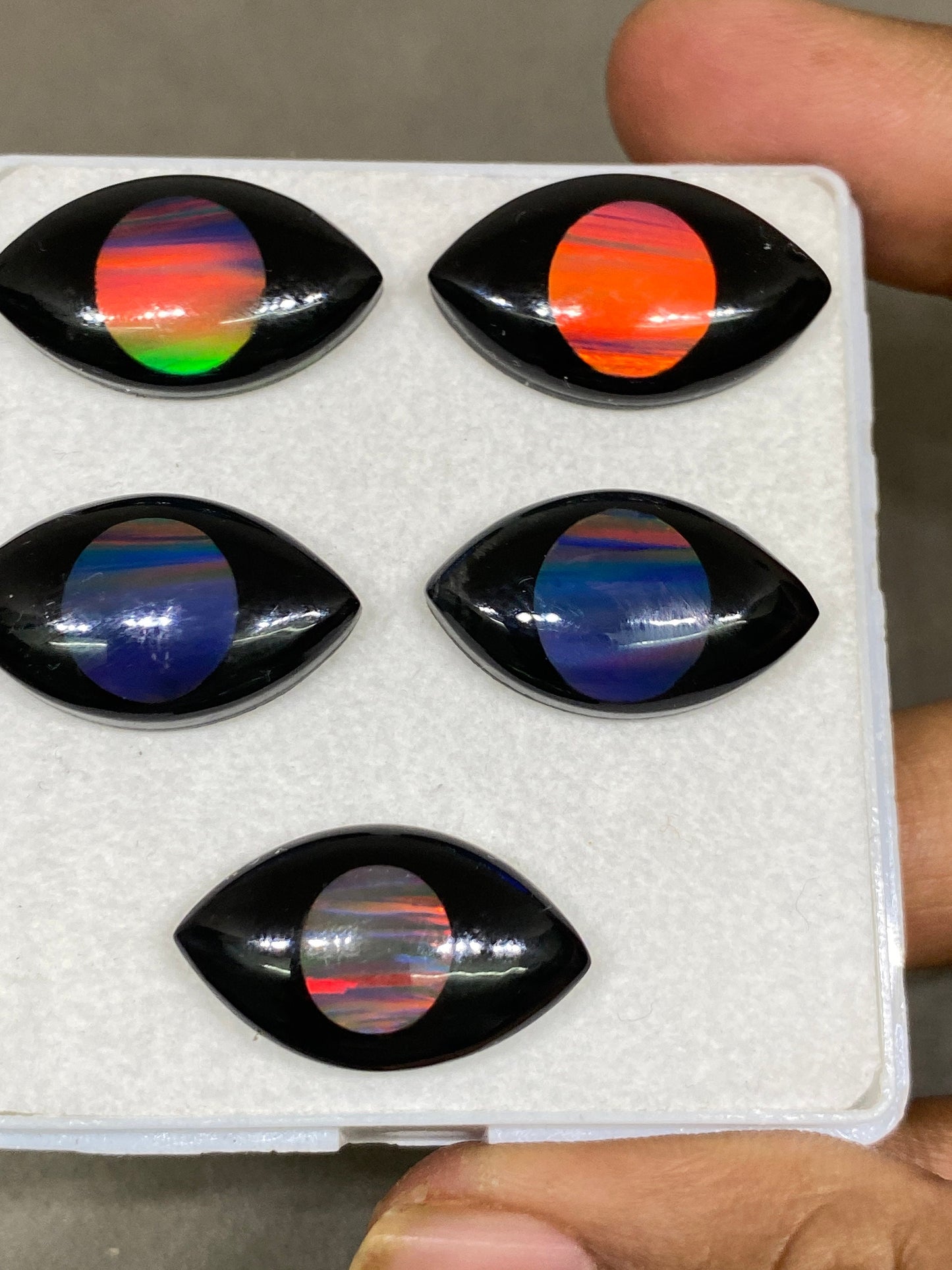 Stunning Multi fire opal synthetic aurora opal with black onyx eye carving wt 66 carats  pcs 5 size 24x4-26x6mm fire opal eye carving