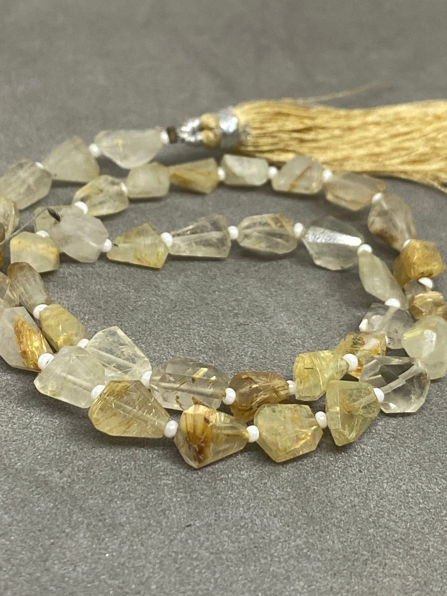 Natural golden rutile faceted geometric nuggets strand 14 inches pcs 39 wt 63 carats size 7x6mm-9x6mm Faceted golden rutile nuggets tumble