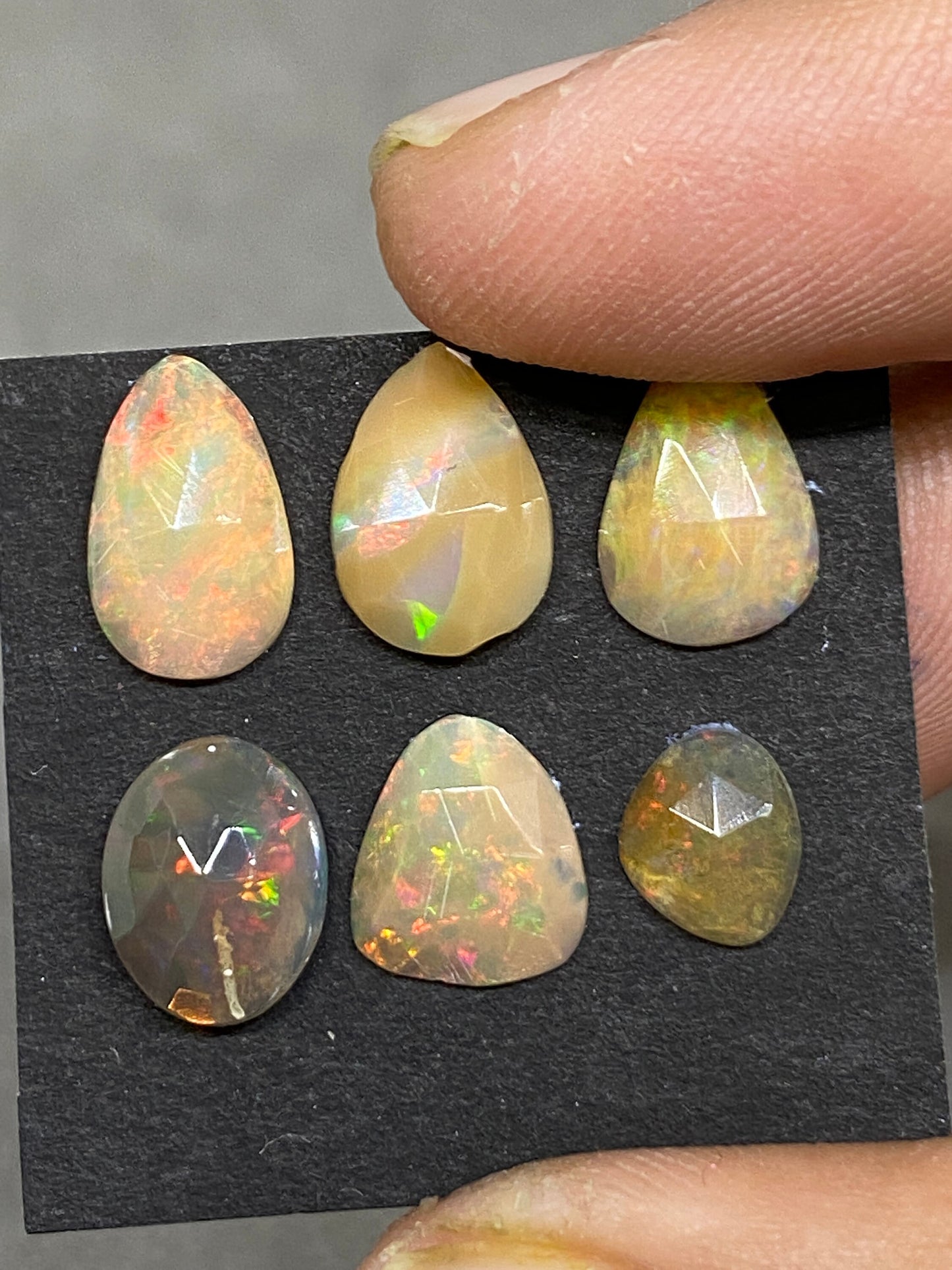 Alluring yellow base multi fire mix shapes Ethiopian mines opal rosecut wt 5 carats  pcs 6 size 7x6mm-11x7mm opal rosecut