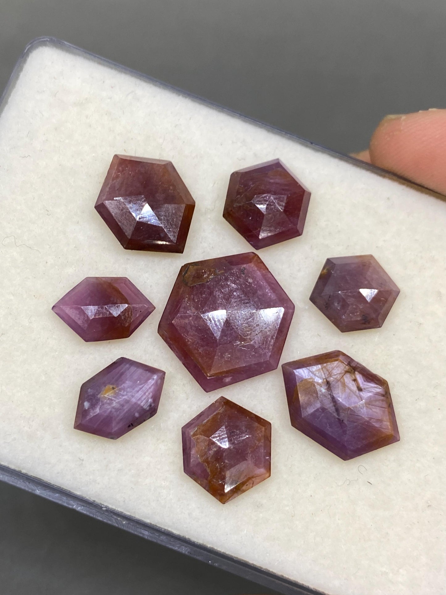 Marvellous rare star ruby sapphire fancy hexagon  shape stepcut weight 46 cts pcs 8 size 12x11-19x18mm natural star sapphire step cut