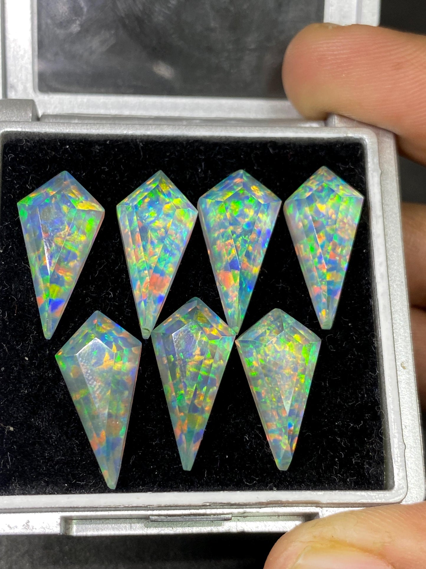 Amazing Multi fire  aurora opal and crystal  doublet kite stepcut  pcs 7 wt 49 carats big size 20x10mm ring pendant earring Aurora opal