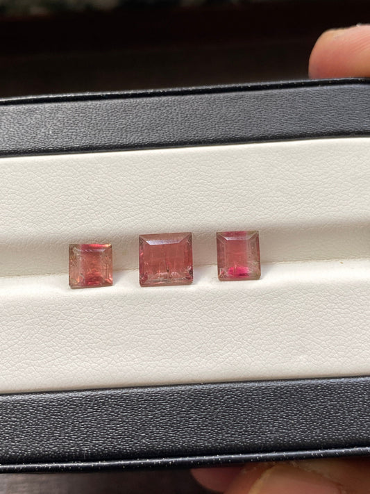 Amazing Rare Watermelon Tourmaline cutstones pcs 3 wt 4 carats  size 6-7mm tourmaline cuts princess squares cutstones bi color tourmaline