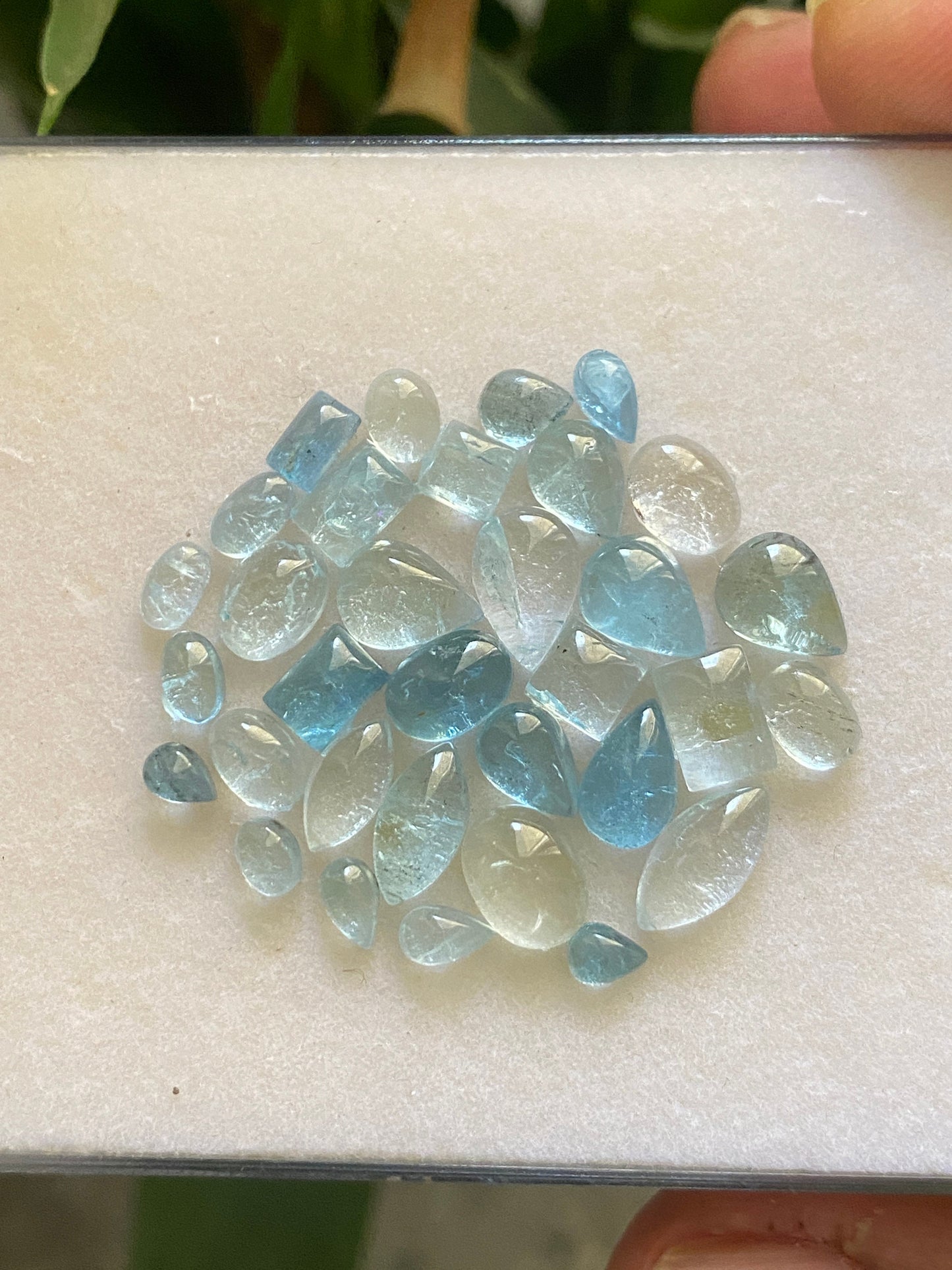 Attractive rare Aquamarine Fine quality cabochons  pcs 33 wt 22 carats Size 4.2x3mm-9.9x4.9mm aquamarine cabochons flats