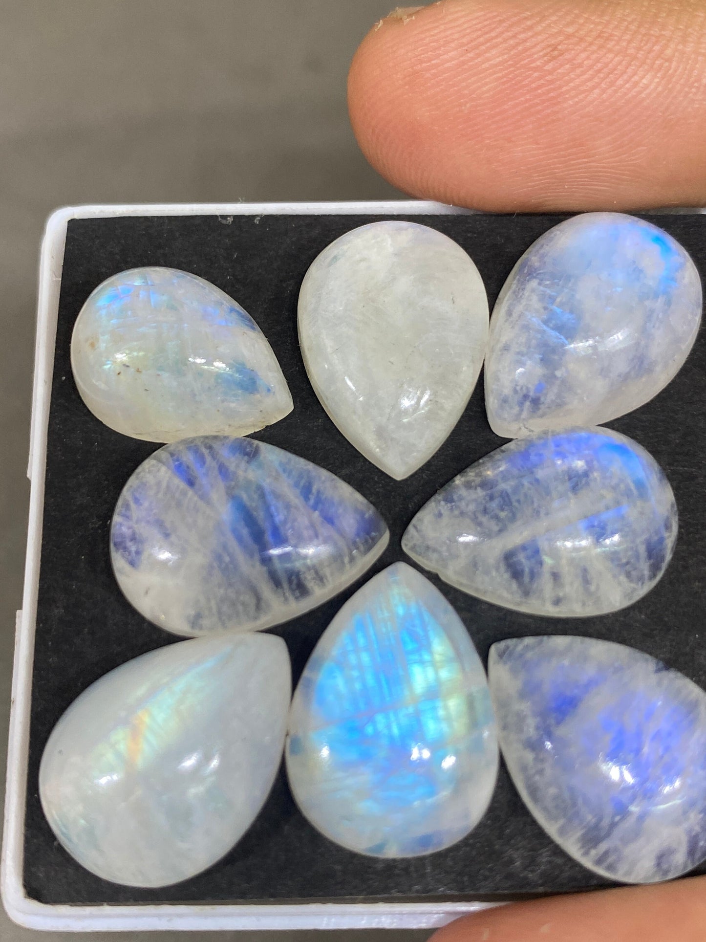 Fascinating  Blue fire rainbow moonstone pear cabochons  lot pcs 8 weight 86 cts size 16x11-18x13mm beautiful fire rainbow moonstone