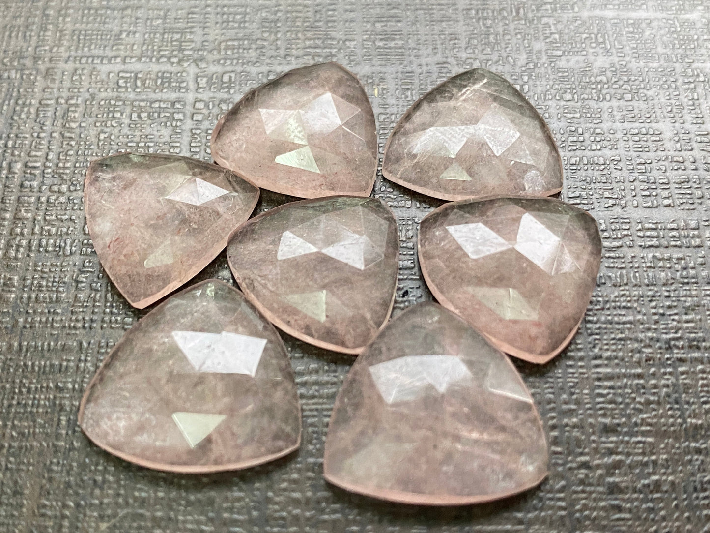 Cute baby pink Strawberry quartz trillion lot pcs 7 wt 40  cts size 15mm beautiful pink strawberry quartz trillion shape rosecut