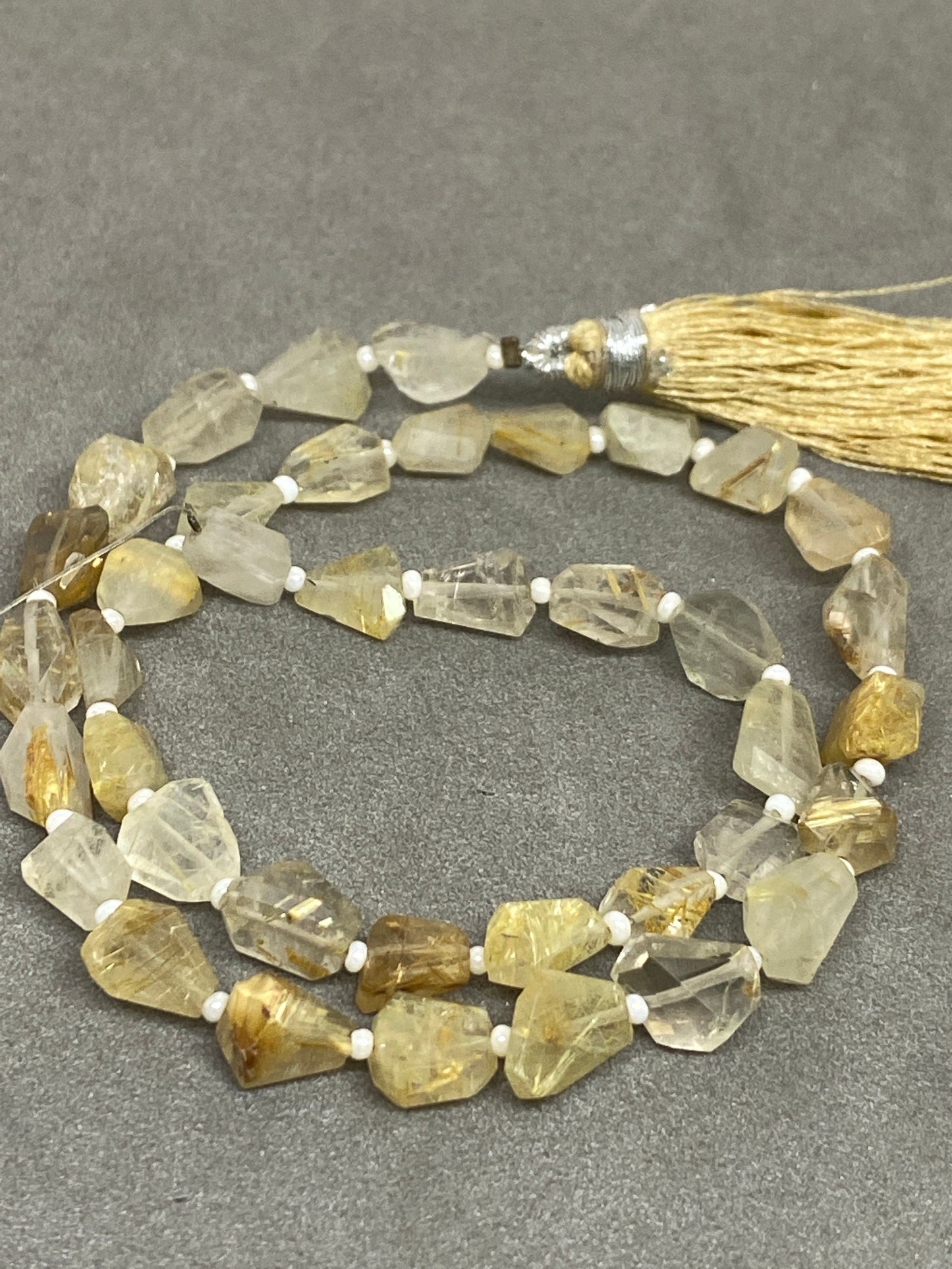 Natural golden rutile faceted geometric nuggets strand 14 inches pcs 39 wt 63 carats size 7x6mm-9x6mm Faceted golden rutile nuggets tumble