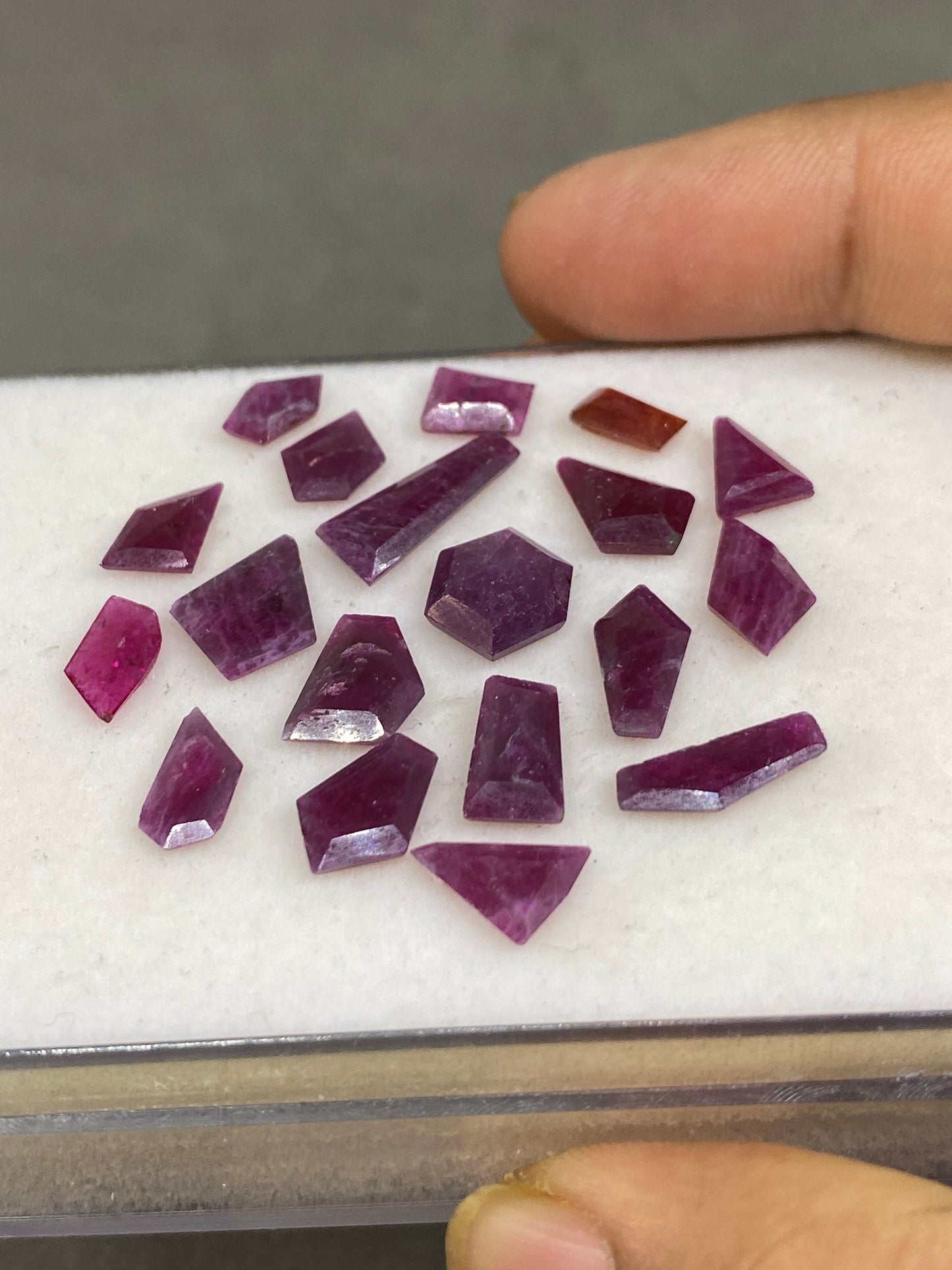 Dazzling rare natural unheated untreated ruby  flat cut geometric pcs 19 wt 28 cts  size 7x4mm-15x6mm ruby mozambique mine