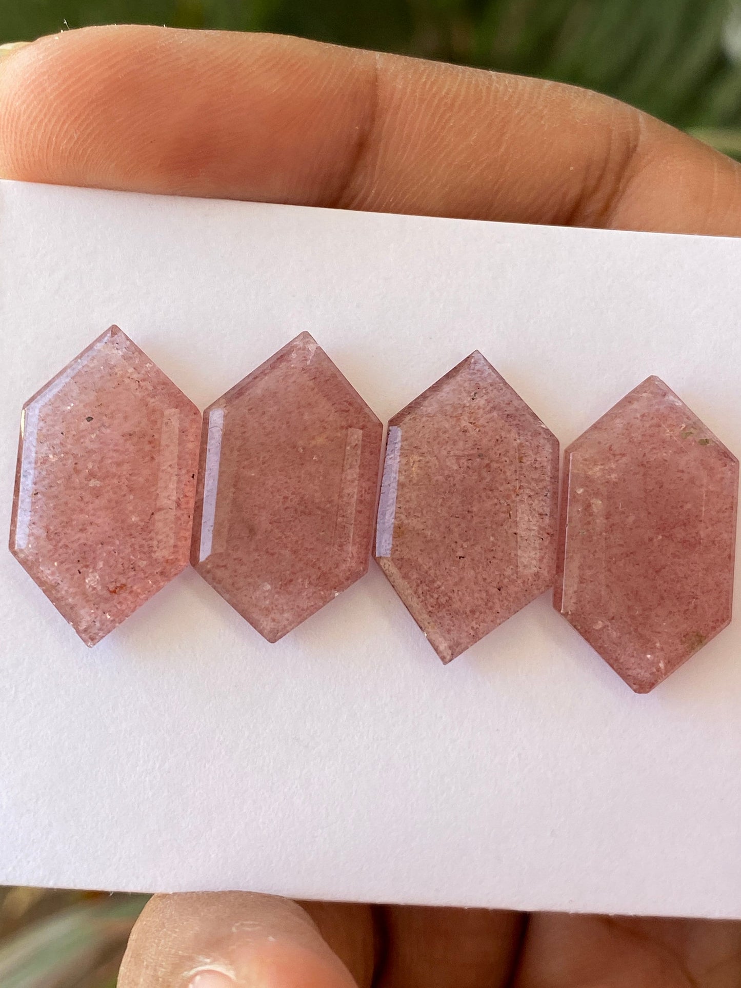 Mesmerising rare big strawberry quartz hexagon mirror cut weight 42 cts pcs 4 size 23x13-24x13mm Pink quartz mirror cut hexagon