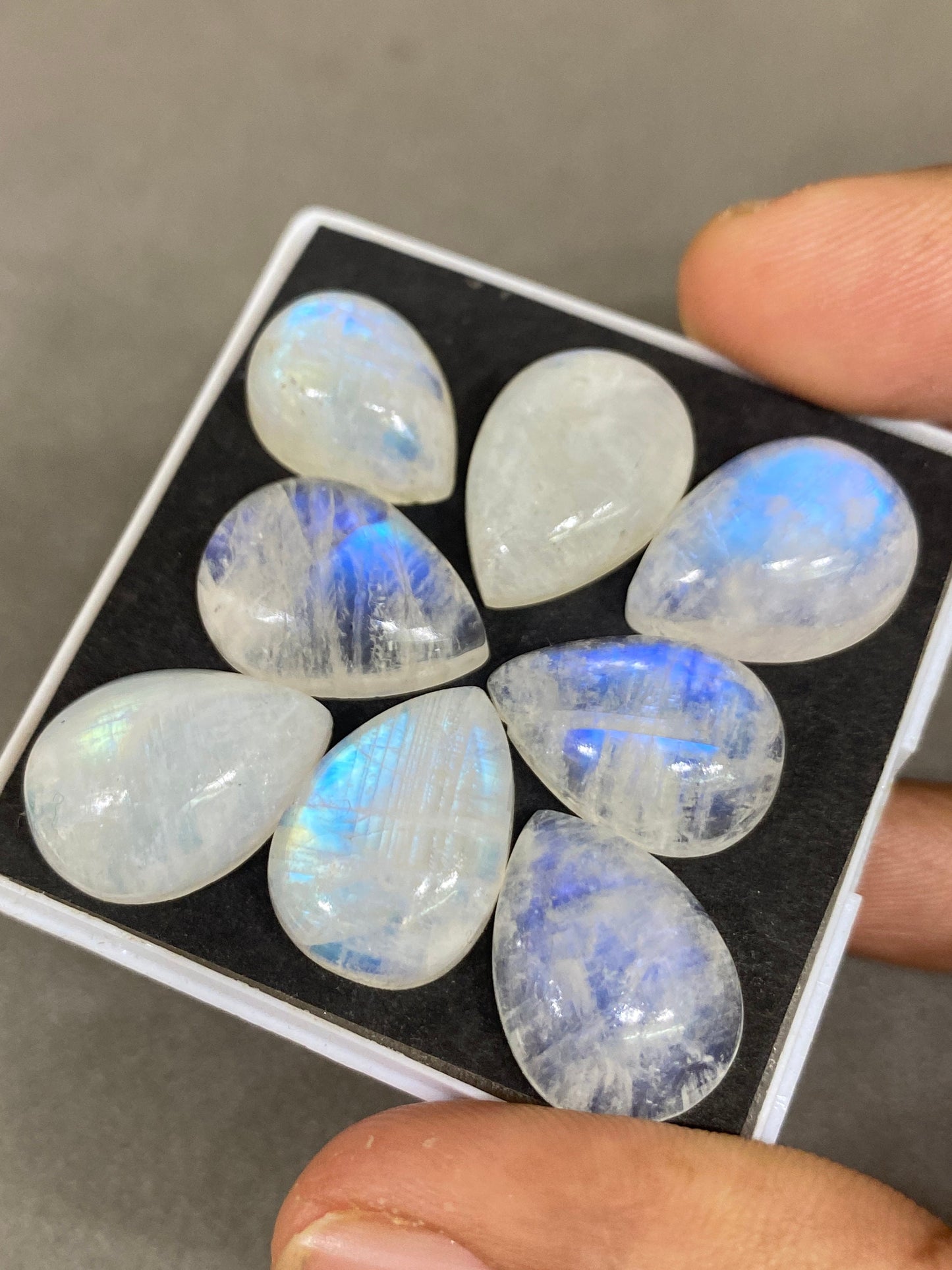 Fascinating  Blue fire rainbow moonstone pear cabochons  lot pcs 8 weight 86 cts size 16x11-18x13mm beautiful fire rainbow moonstone