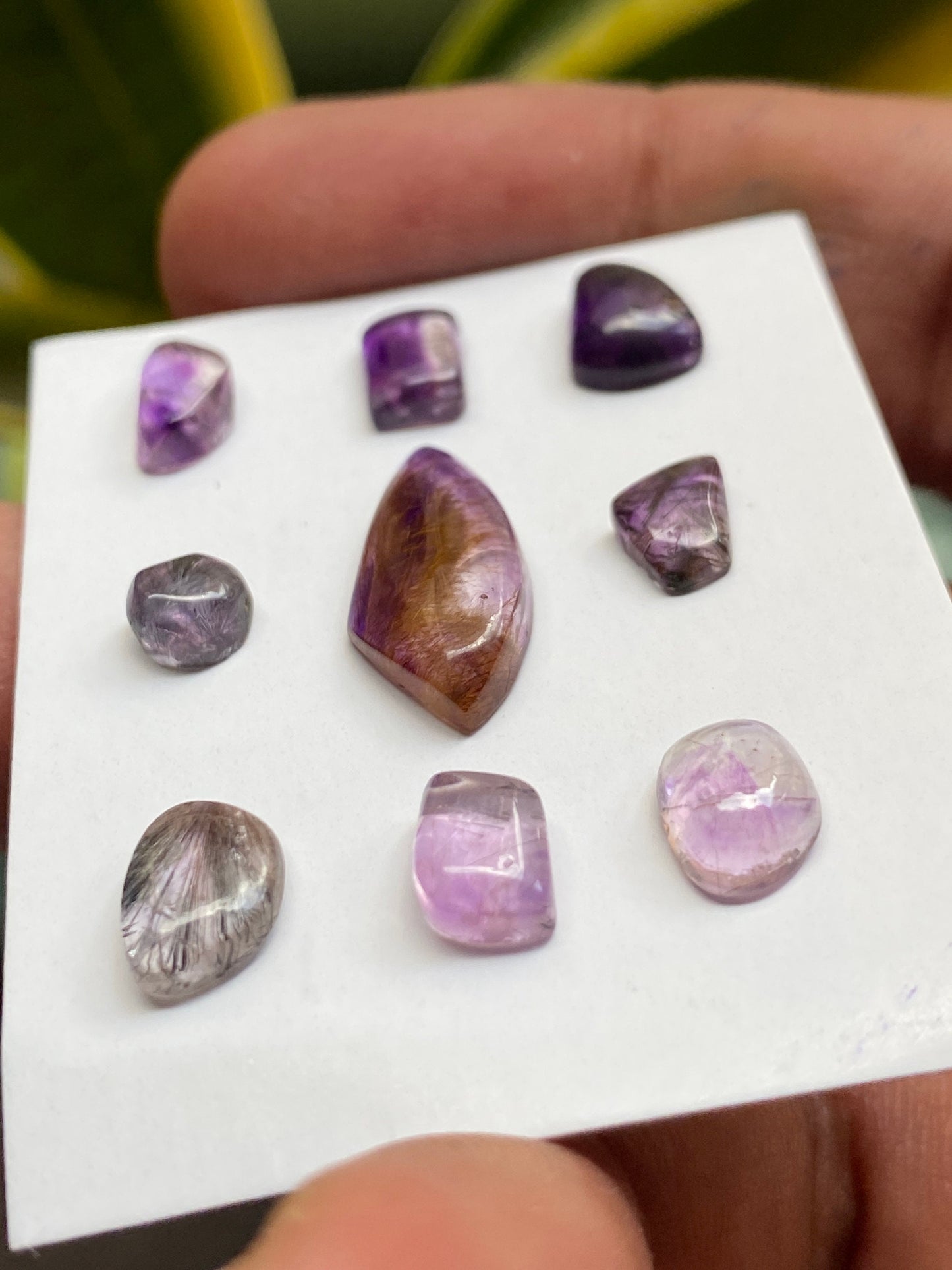 Fascinating rare Super seven cabochons mix amethyst rutile quartz lepidocrocite cacoxenite pcs 9 wt 13 cts 5mm-18x8.6mm pendant ring supply