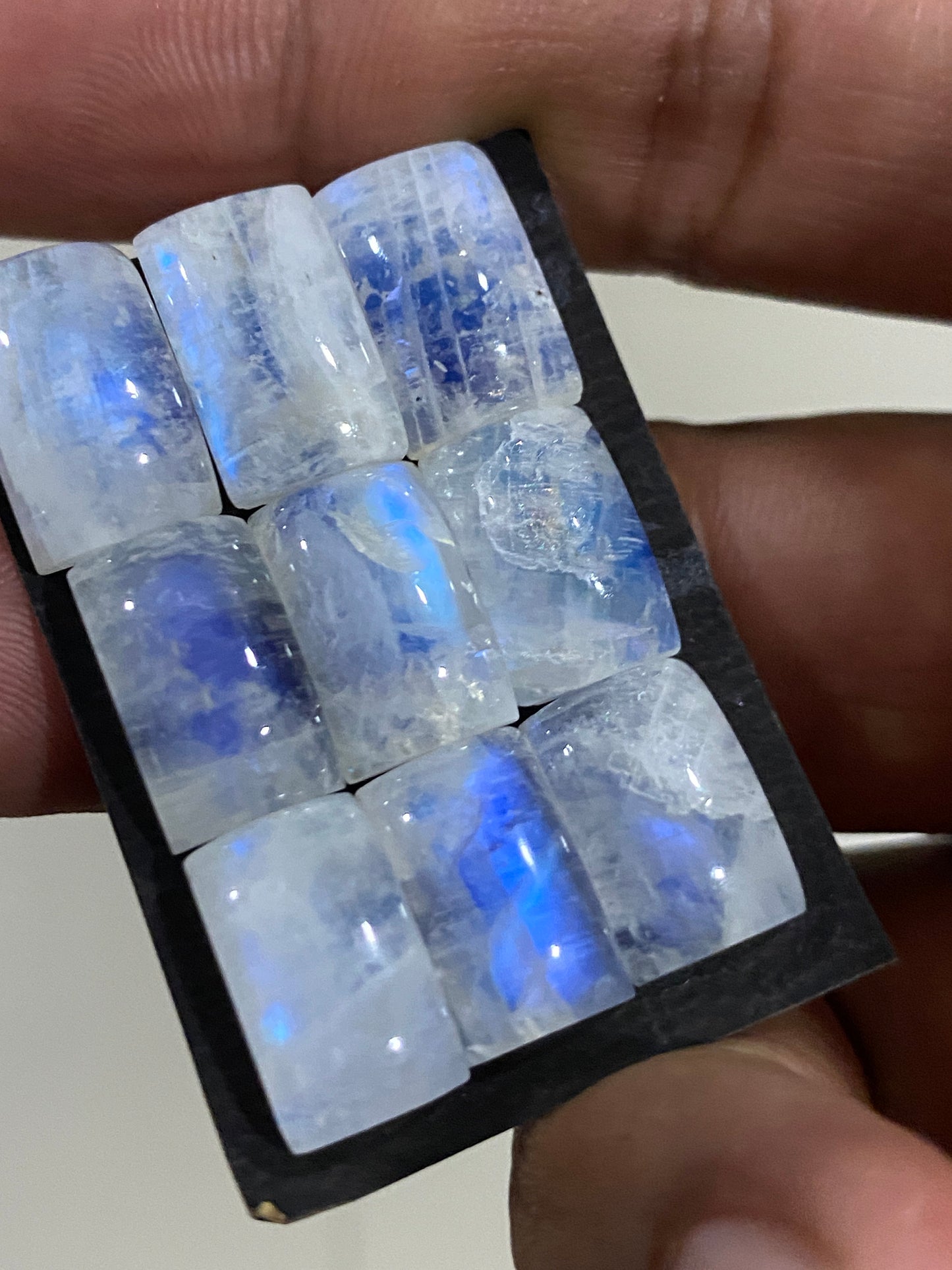 Vivacious Blue fire aaa white rainbow moonstone rectangle cushion cabochons  lot pcs 9 wt 60 cts size 13x8mm-14x9mm fire rainbow moonstone