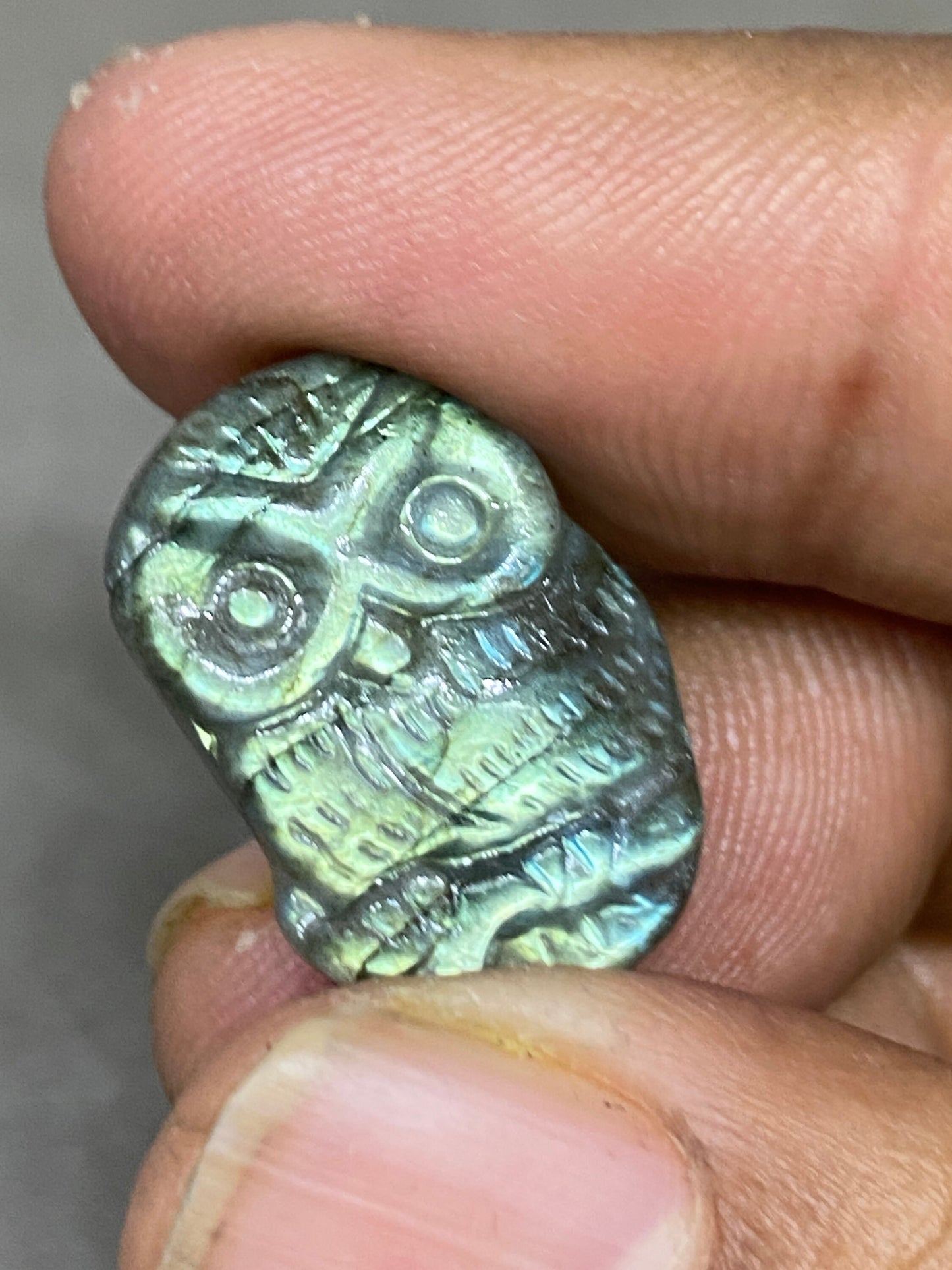 Cute Rare Natural AAA green fire labradorite owl carving  for pendant wt 14.60  cts size 22x14mm labradorite owl carving Halloween gift