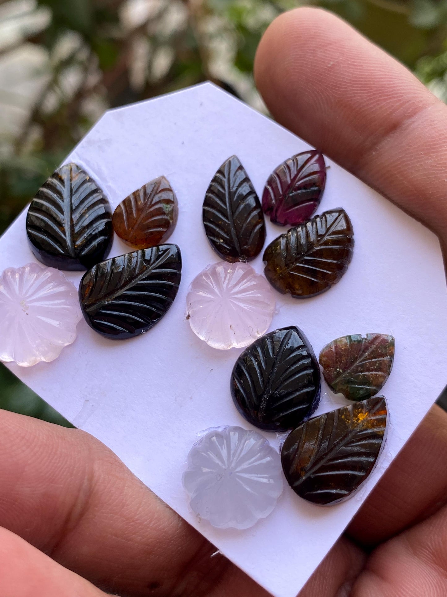 Stunning Petro tourmaline rose quartz chalcedony flower leaves carving wt 60 carats pcs 12 size 10.5x8-16x11mm tourmaline big leaf carving