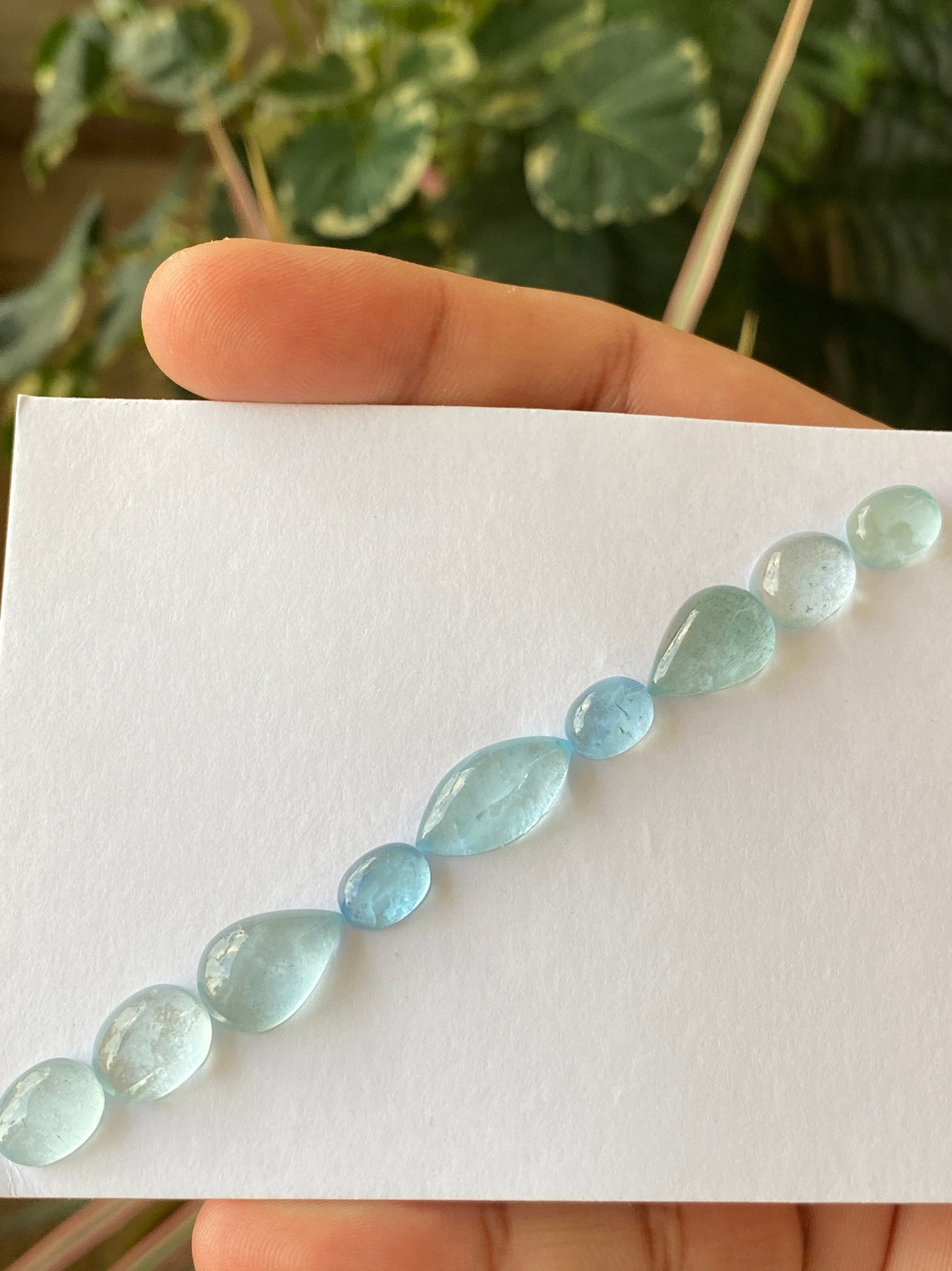 Delightful rare Aquamarine Fine quality cabochons  bracelet supply  pcs 9 wt 33 carats Size 10x7mm-18x9mm aquamarine cabochons flats