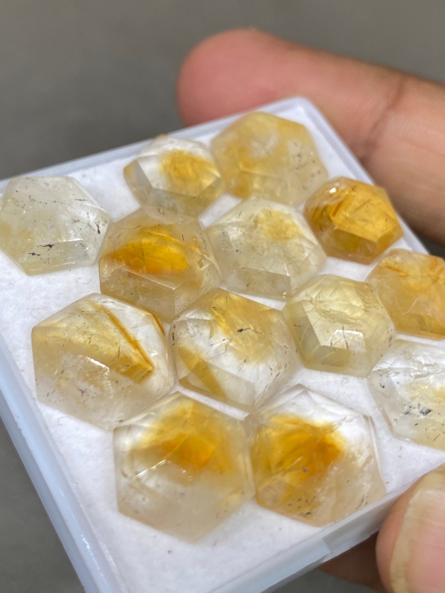 Gorgeous rare bi color citrine hexagon step cut weight 71 carats  pcs 13 size  10m-13mm citrine step cut hexagon