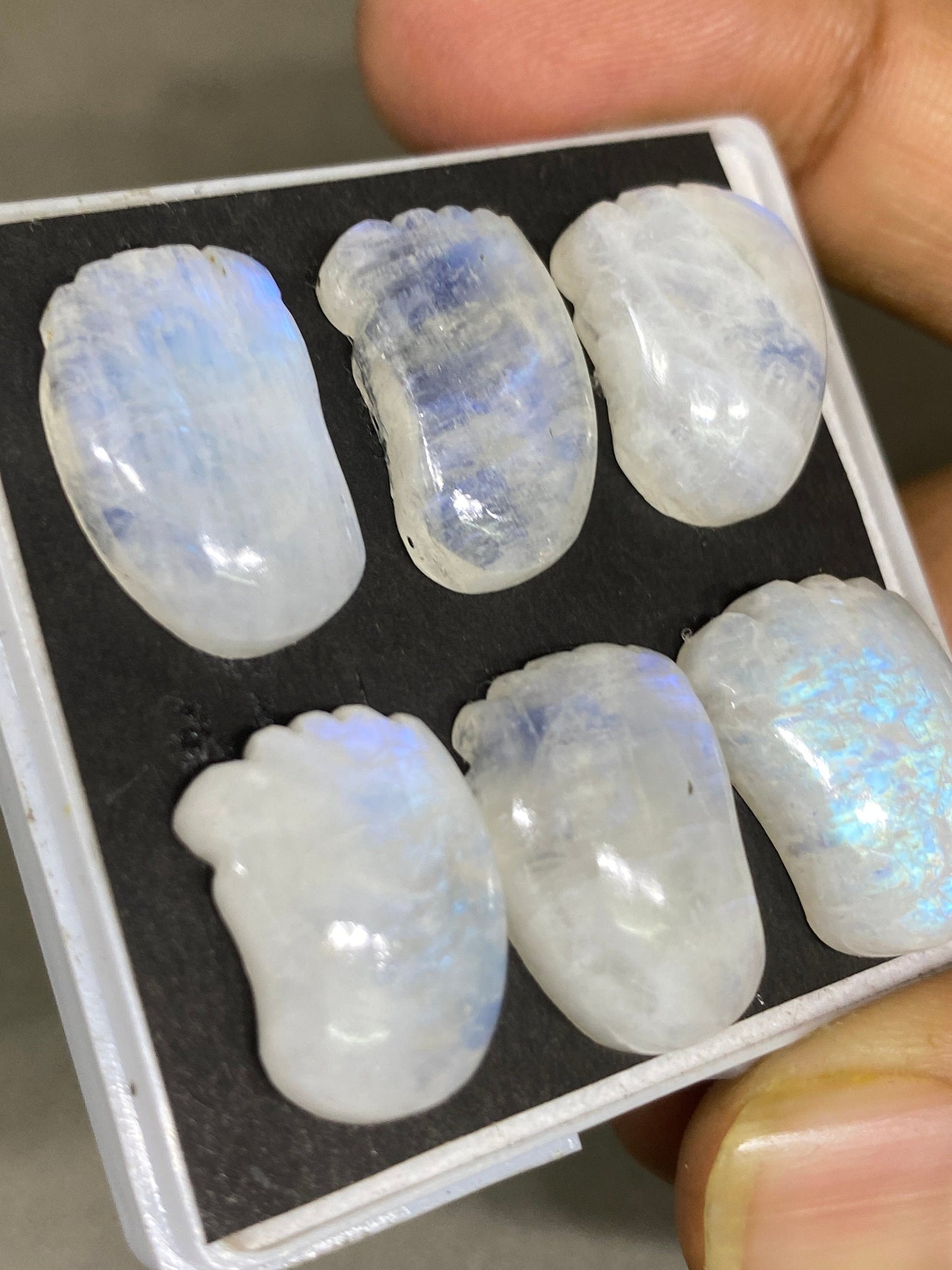 Cute rare white moonstone baby foot carving  blue fire moonstone  carving pcs 6 wt 80 cts  17x13-19x13mm moonstone baby foot carving