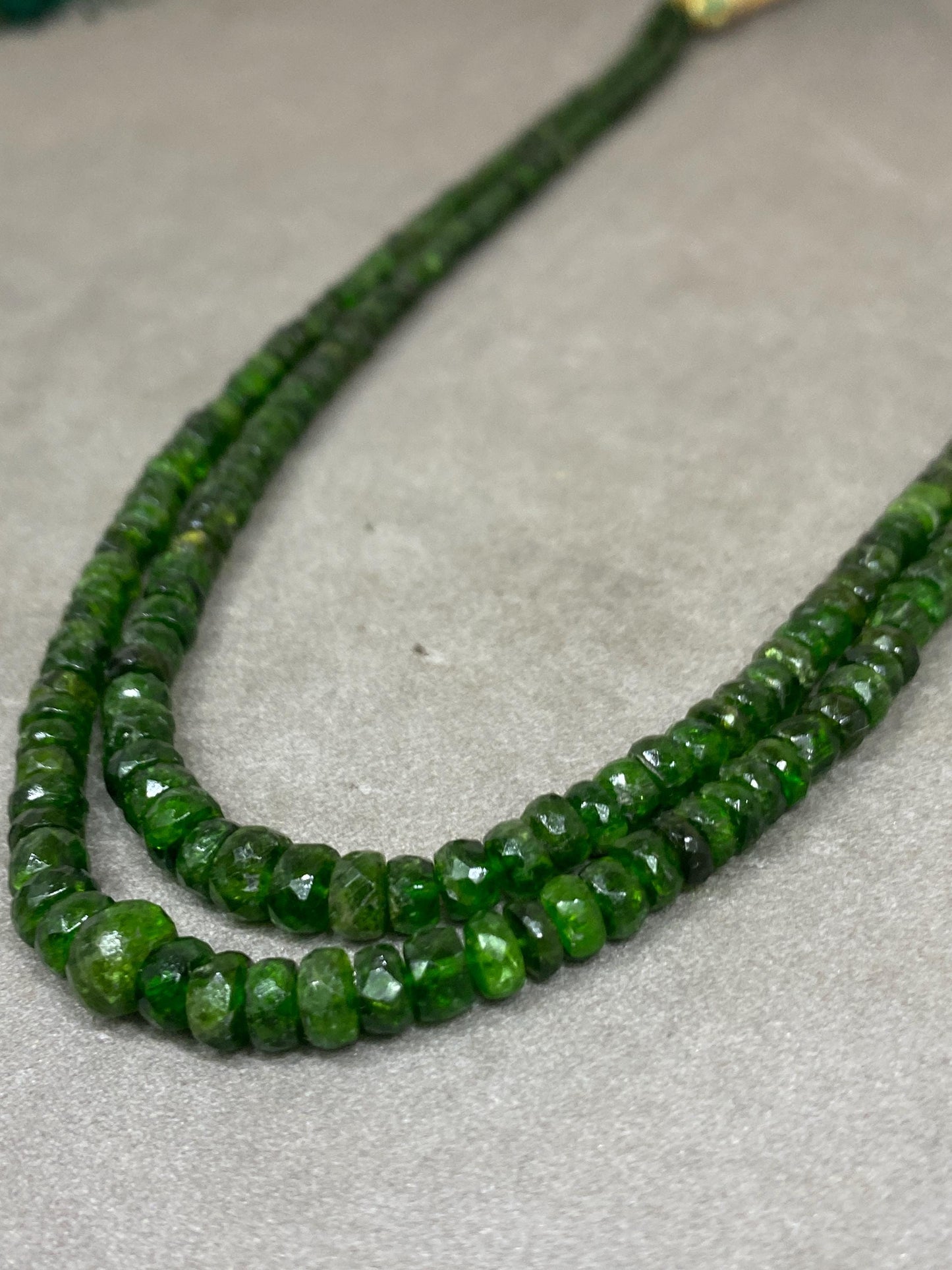 Nice rare chrome diopside faceted beads rare necklace weight 197 cts size 4mm-8x7mm length 16 inches and 17 inches