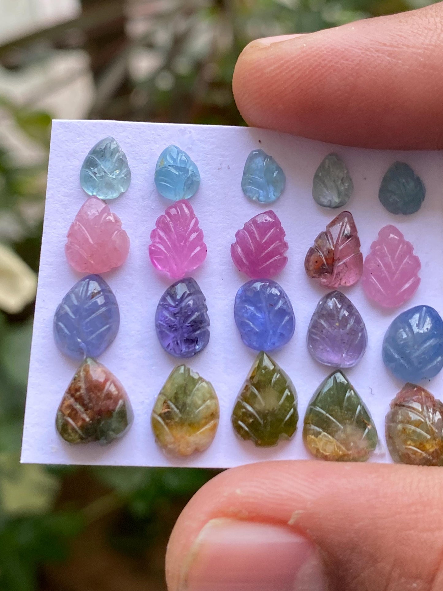 Attractive Watermelon tourmaline aquamarine pink sapphire tanzanite leaves carvings wt 25 carats pcs 20 size 6x5mm-9x8mm leaf carving