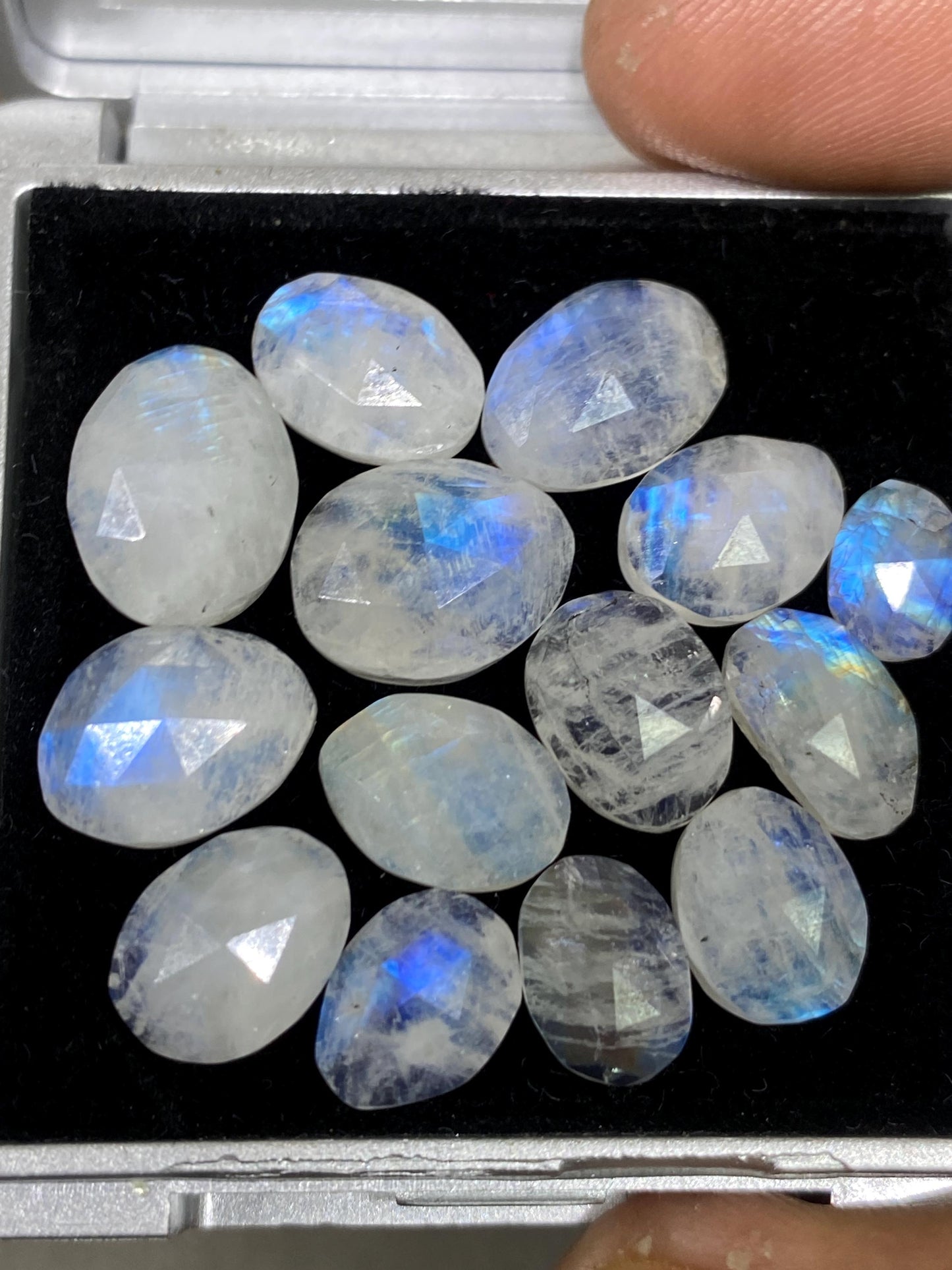 Cute Blue fire rainbow moonstone unusual faceted rosecut pcs 14 wt 46 cts size 8.5x6.5mm-13x10mm fire rainbow moonstone faceted moonstone