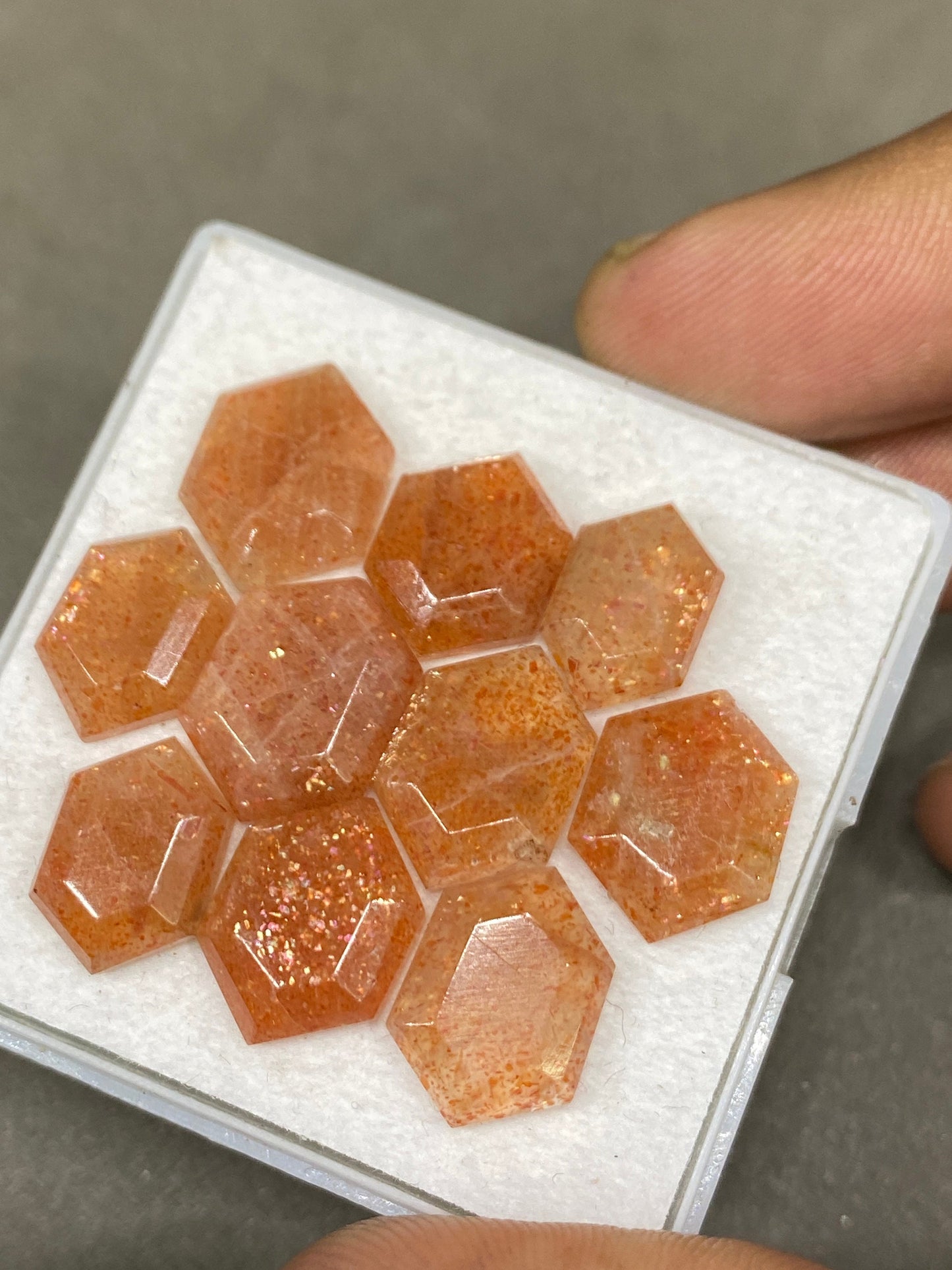 Stunning rare sunstone hexagon shape mirror cut flats wt 44 carats pcs 10 size 13x9-15x11mm sunstone geometric mirror cut flatback gems