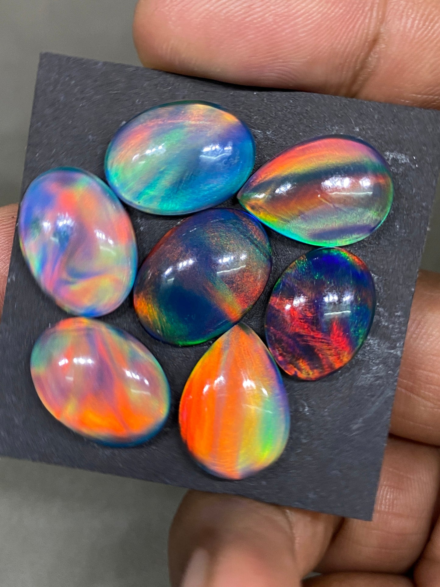 Fantastic Multi fire orange aurora opal and crystal doublet oval smooth cabochons pcs 7 Wt 66 carats  size 16x12-18x14mm ring pendant supply