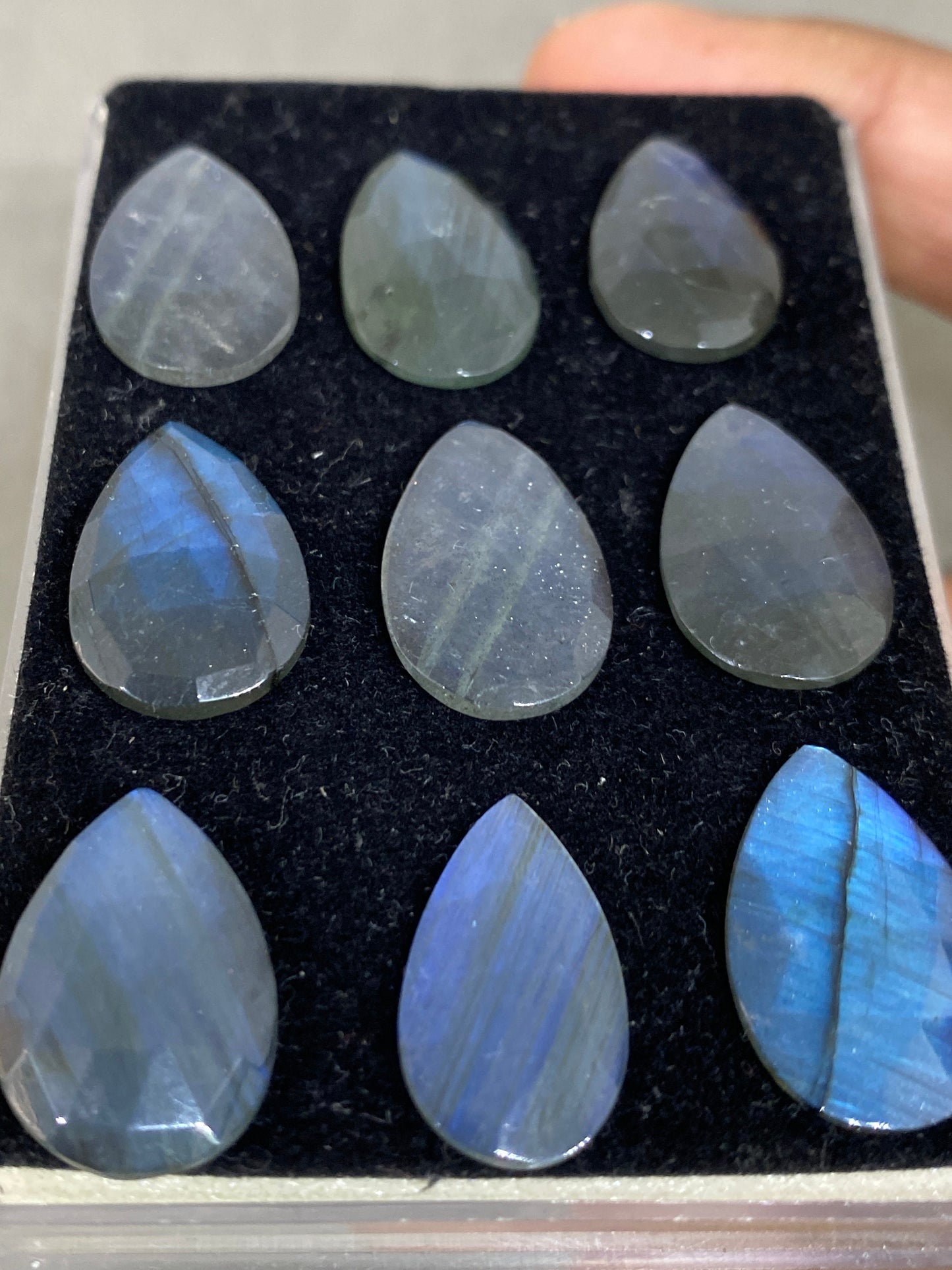 Mesmerising blue fire labradorite pear rose cut wt 55 cts pcs 9 size 14x9-20x11mm blue fire labradorite hexagon