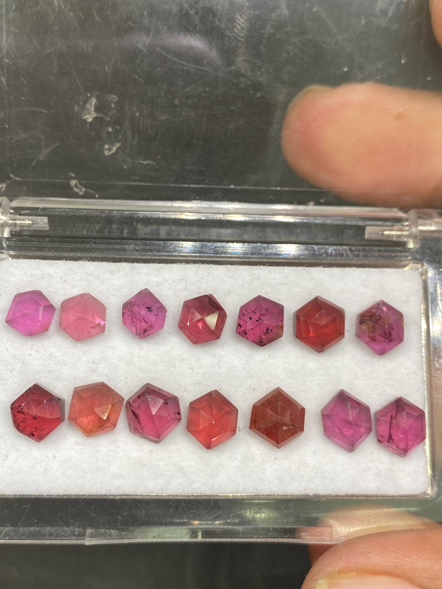 Gorgeous Rhodolite garnet hexagon step cuts Malaya aaa quality wt 19  cts pcs 14 size 5.8mm-6mm  Rhodolite garnet stepcut hexagons