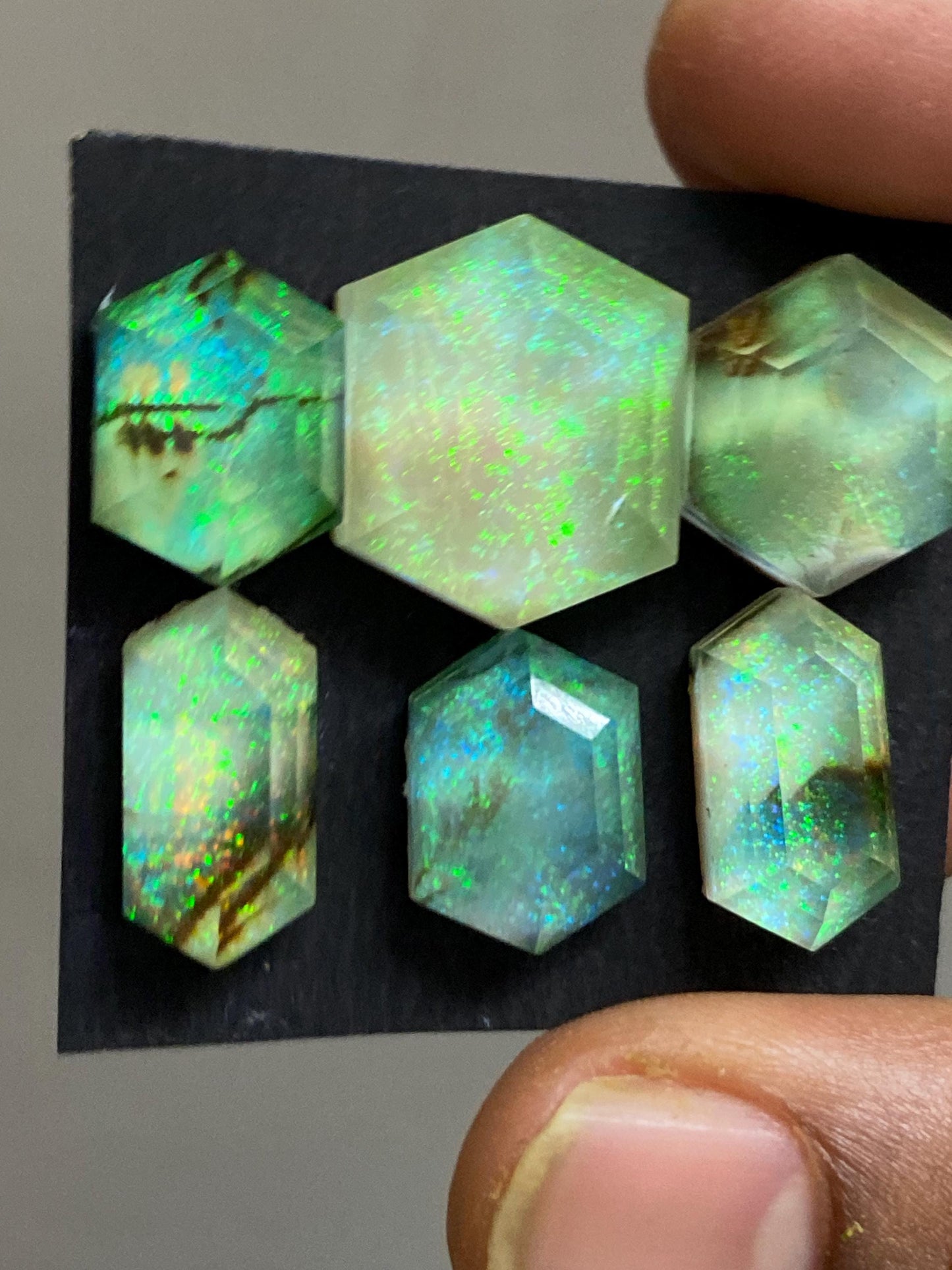 Gorgeous Multi fire sterling opal monarch opal crystal doublet hexagon stepcut pcs 6 wt 57 carats rare big size 14x10-18x15mm jewelry supply