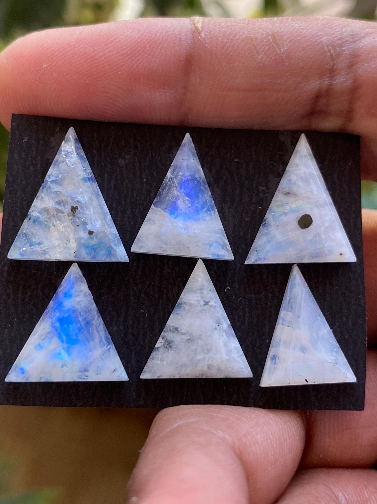 Mesmerising rare Blue fire white rainbow moonstone faceted rosecut triangle stepcut pcs 6 wt 34.65 cts size 15x11-17x14mm  rainbow moonstone