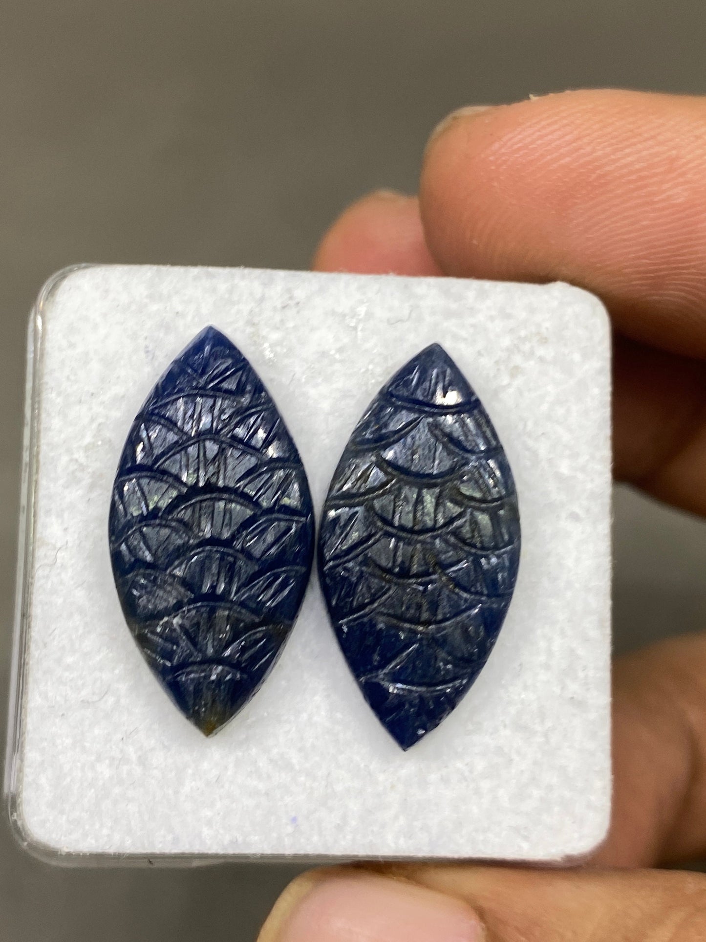 Gorgeous rare blue sapphire leaf carving fine quality pcs 2 wt 24 cts size 23x12mm sapphire carving matched pair sapphire earring