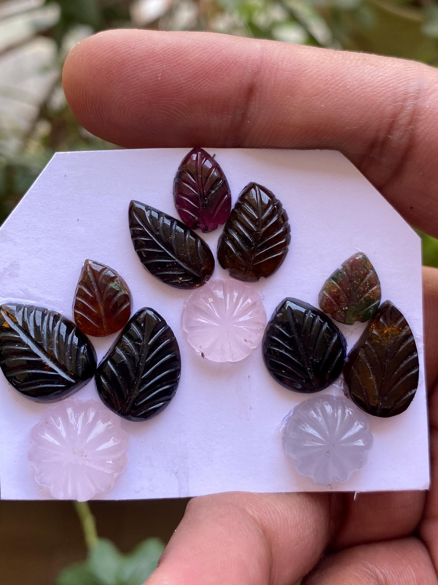 Stunning Petro tourmaline rose quartz chalcedony flower leaves carving wt 60 carats pcs 12 size 10.5x8-16x11mm tourmaline big leaf carving