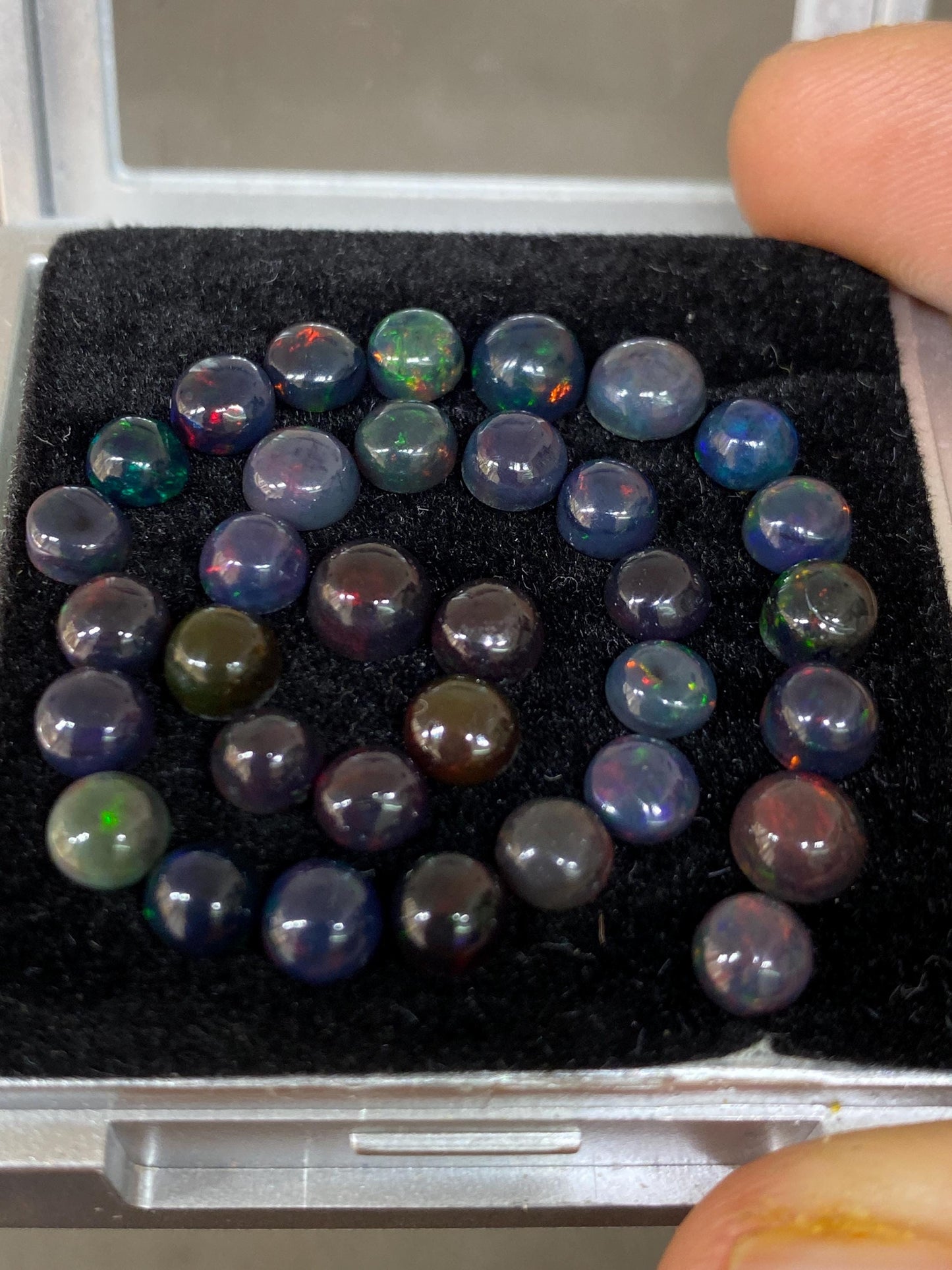 Beautiful Rare Black opal (smoked) round opal Fire opal cabochons lot size wt 15.85 cts size 5mm-6mm pcs 34 fire black opals cabochons