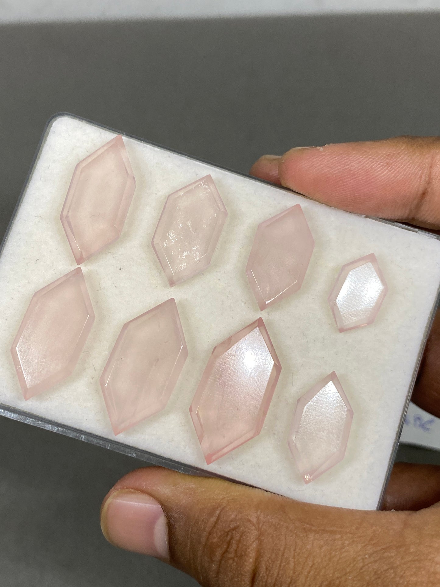 Stunning rare rose quartz hexagon mirror cut weight 76 cts pcs 8 size 16x10mm-28x13mm rose quartz stepcut hexagon