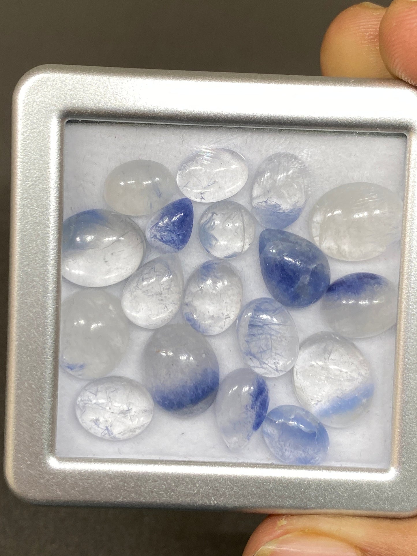 Fabulous rare Dumortierite in quartz oval pear cabochons pcs 19 Wt 53 cts size 7.7x5-12.7x10mm Brazilian mines dumortierite cabochons