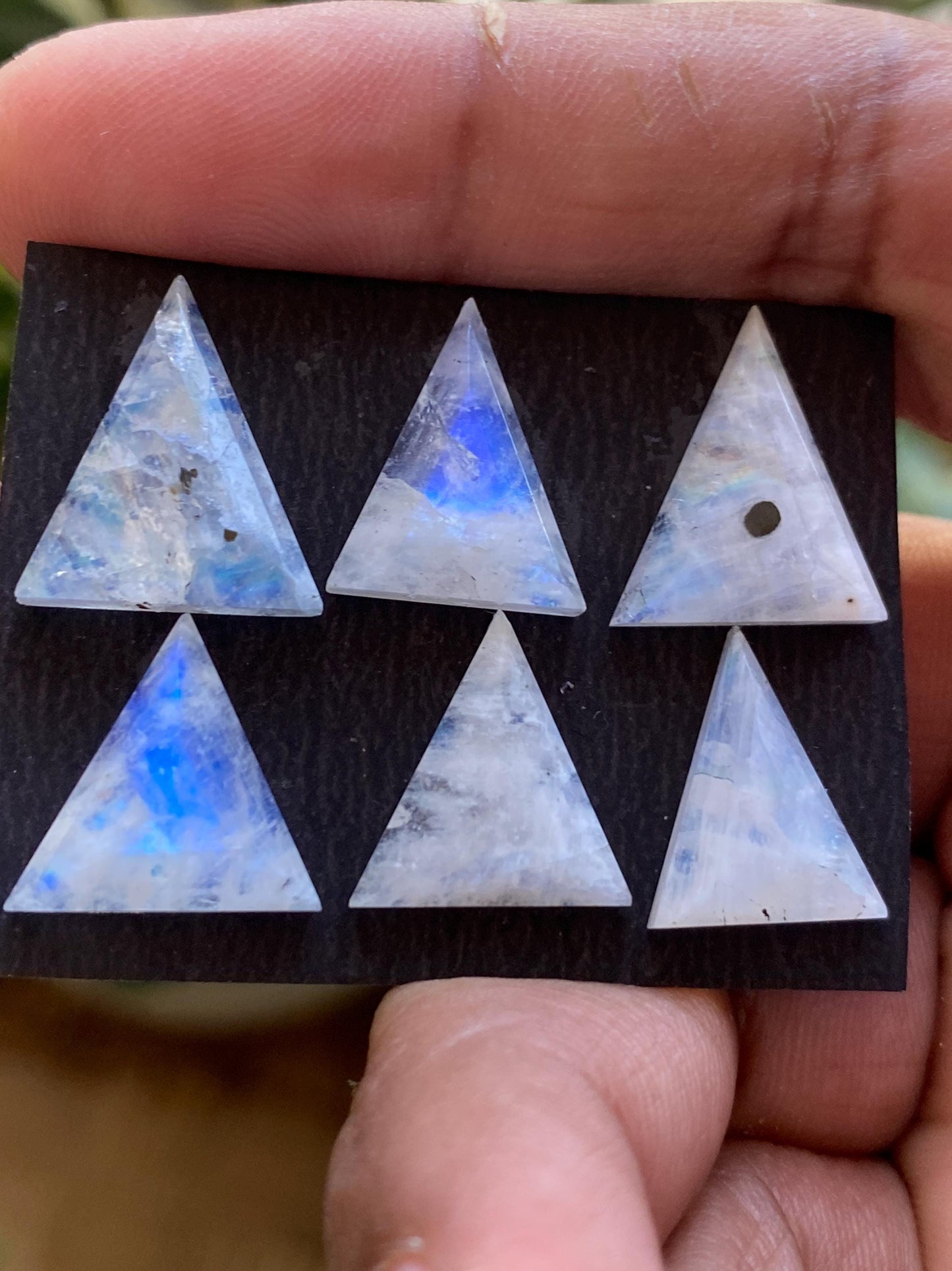 Mesmerising rare Blue fire white rainbow moonstone faceted rosecut triangle stepcut pcs 6 wt 34.65 cts size 15x11-17x14mm  rainbow moonstone