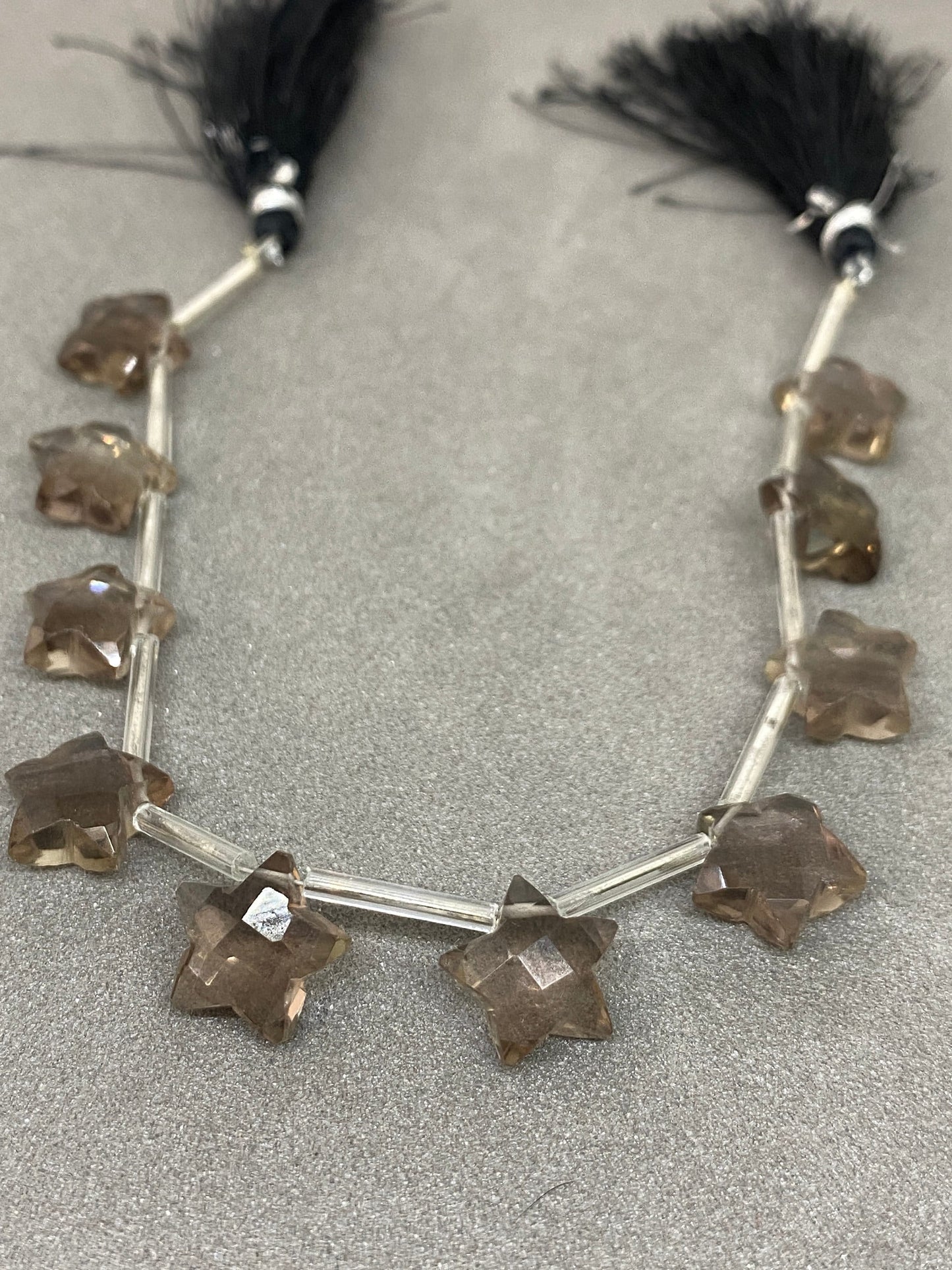 Gorgeous rare Smokey quartz faceted star shape briolette strand length 7 inches wt 44 cts approx size 11mm-12mm Smokey quartz star briolette