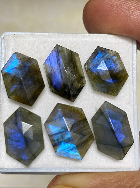 Dazzling blue fire labradorite hexagon step cut wt 30.5 cts pcs 6 size 15.2x10.9-16.5x11.5mm blue fire labradorite hexagon