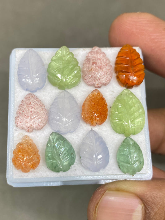 Stunning lavender chalcedony green kyanite Hessonite strawberry quartz mint kyanite leaves carving wt 37 cts pcs 12 size 10x7-14x10mm leaf