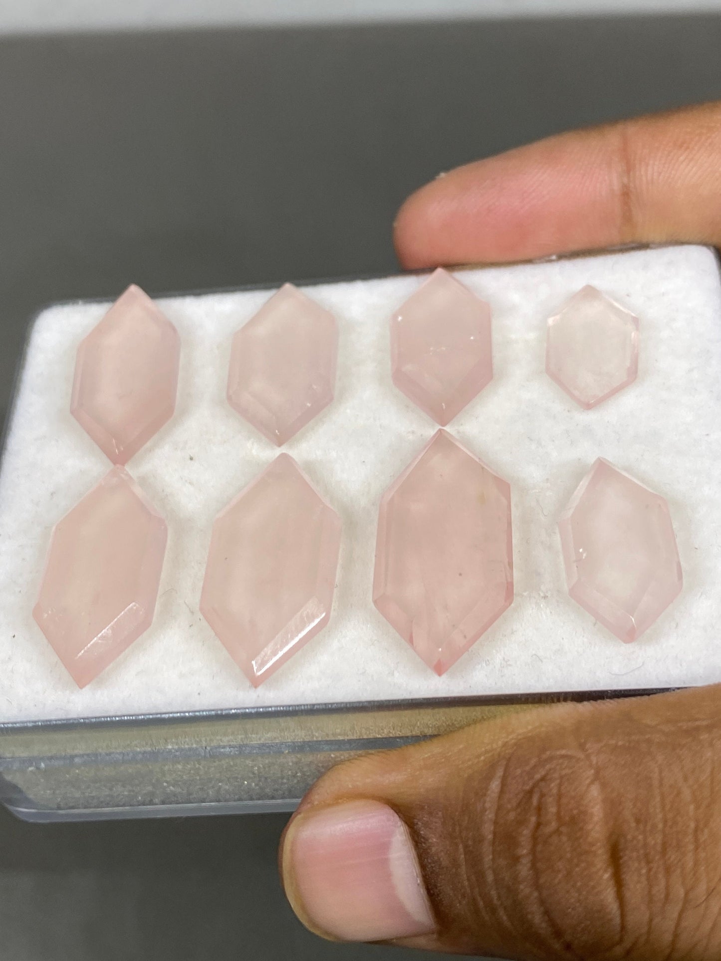 Stunning rare rose quartz hexagon mirror cut weight 76 cts pcs 8 size 16x10mm-28x13mm rose quartz stepcut hexagon