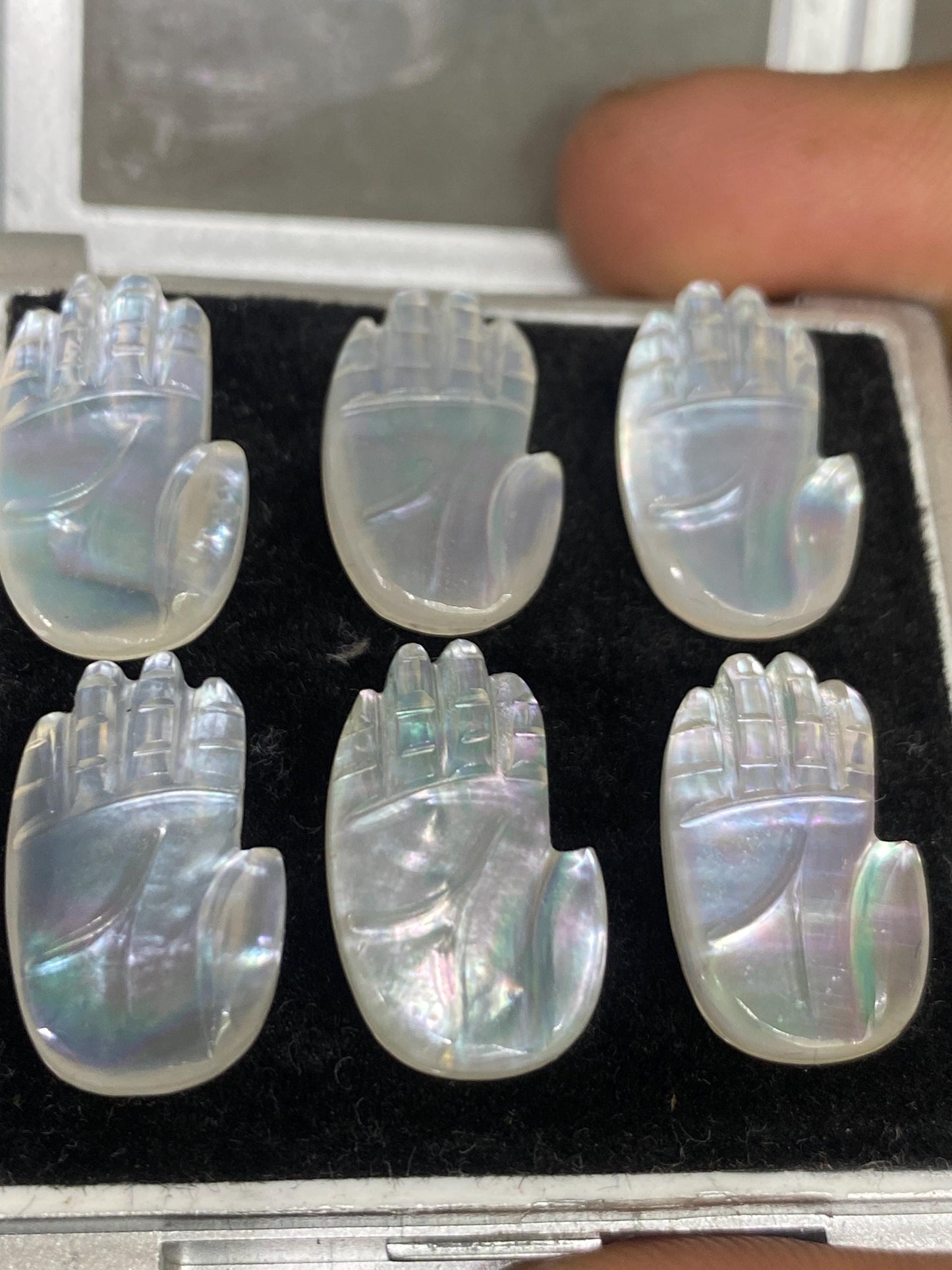 Rare High quality mother of pearl and crystal doublet hamsa hand carving mop pcs   6 wt 56 carats size 19x11mm fire pearl intricate carving