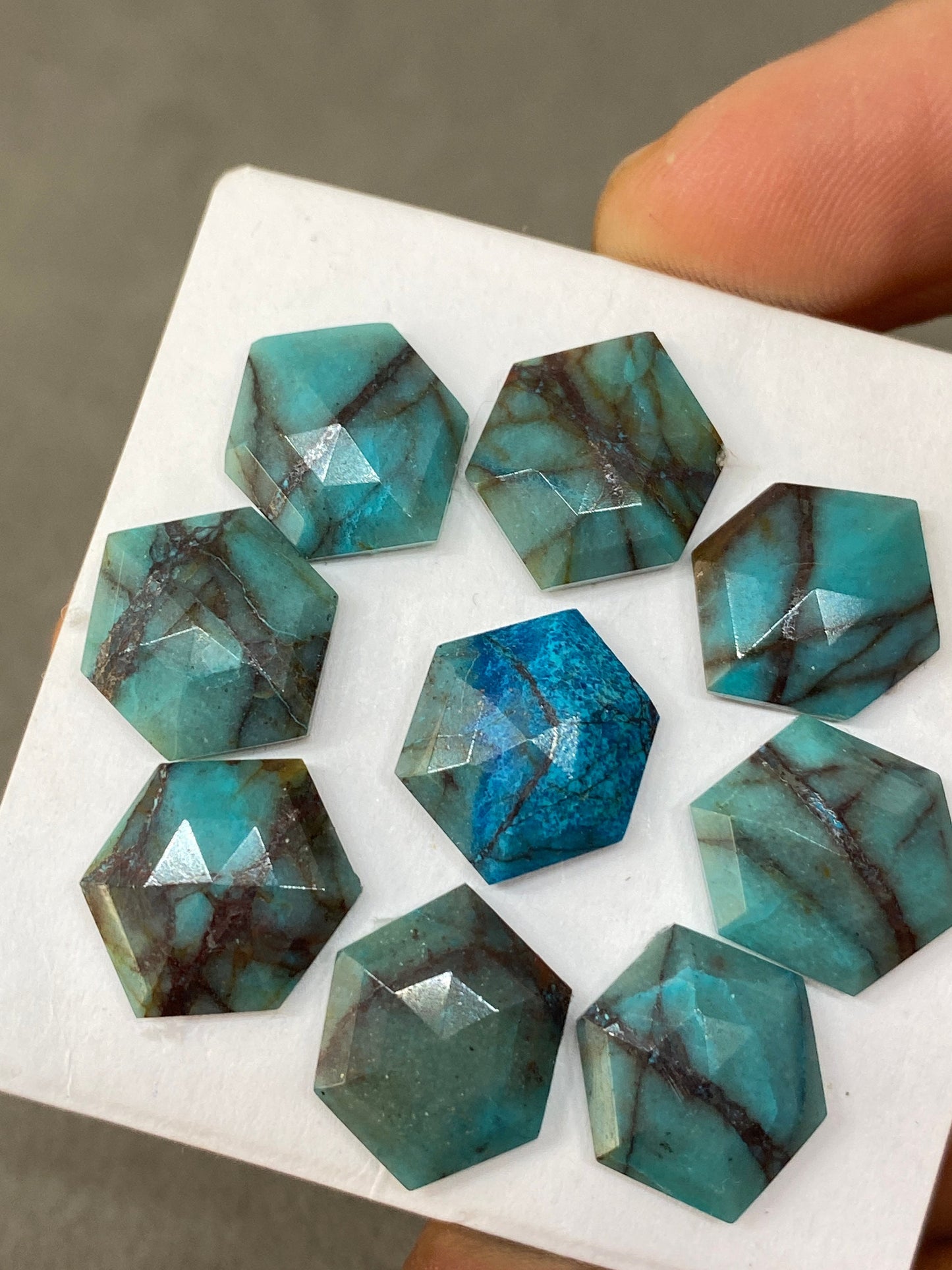 Stunning rare chrysocolla hexagon stepcut wholesale lot weight 43 carats pcs 9 size 14.2x11.7mm-15.5x12.5mm  flatback gems